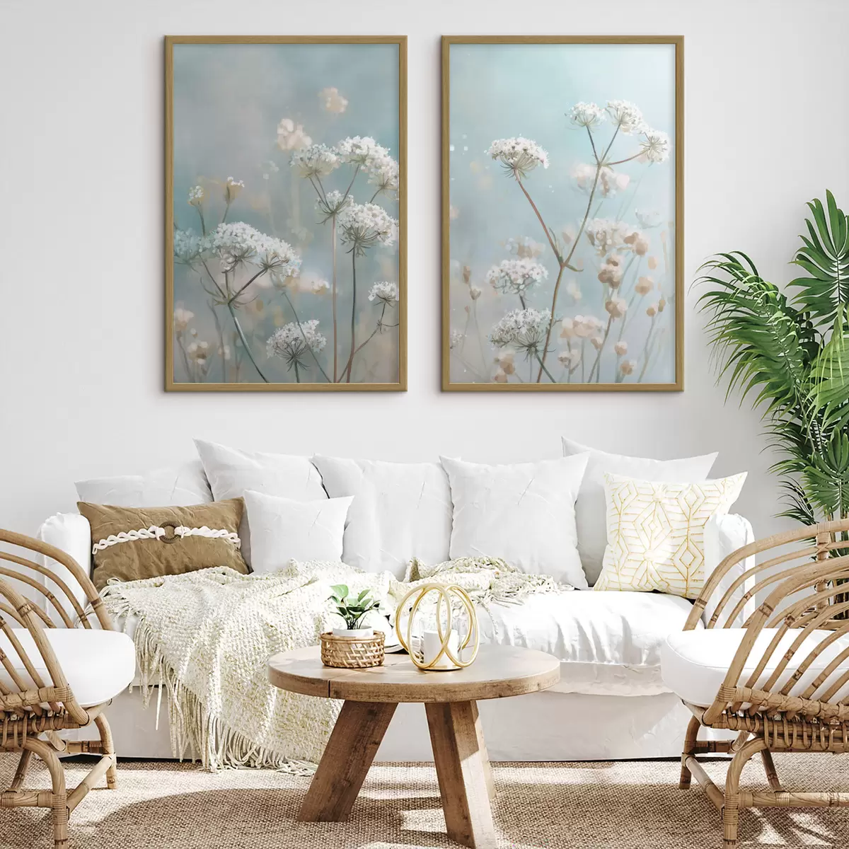 Plakat Kwiaty Queen Anne's Lace w stylu akwareli na niebieskim tle d00705