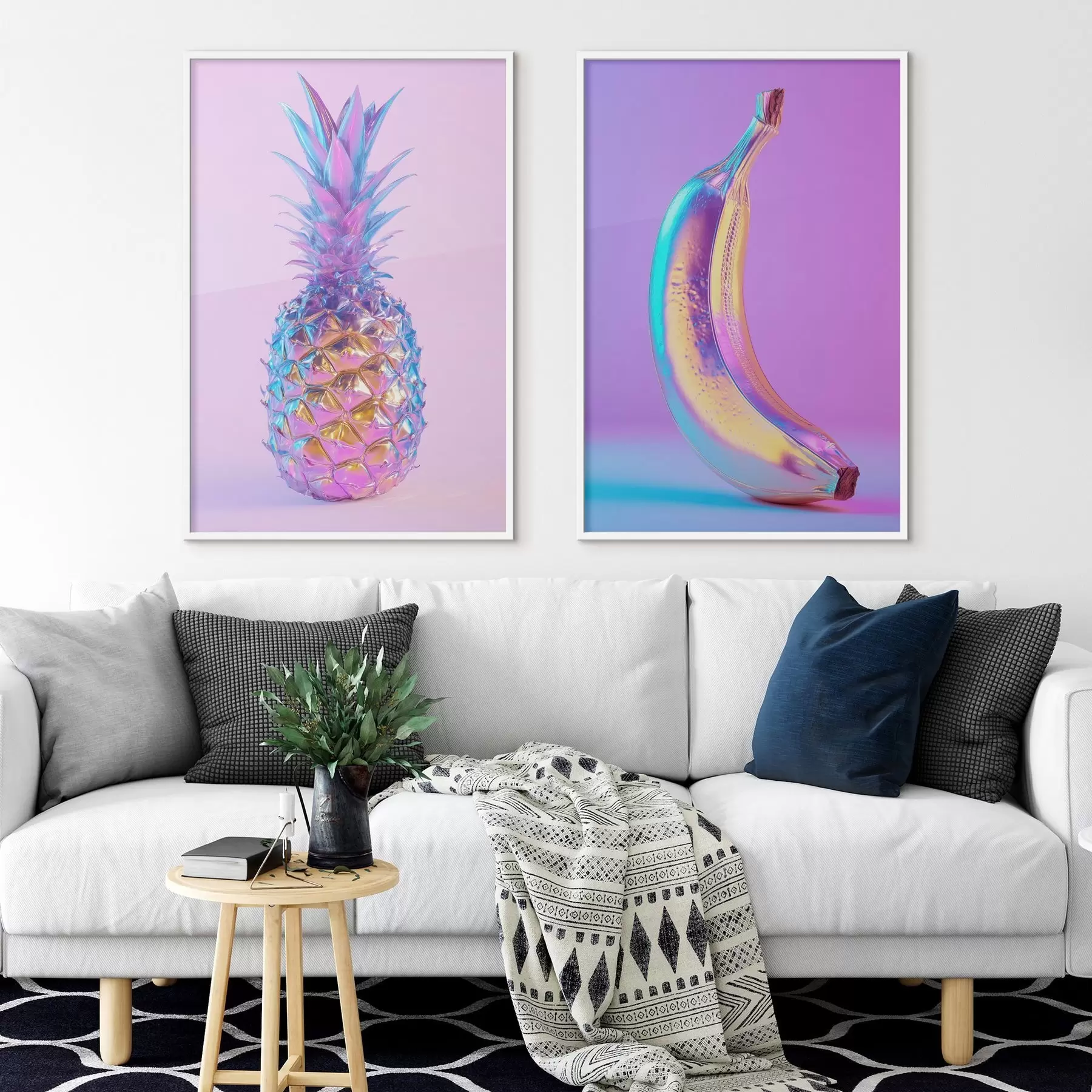 Fototapeta jasny, błyszczący ananas i banan w stylu pop art d00737