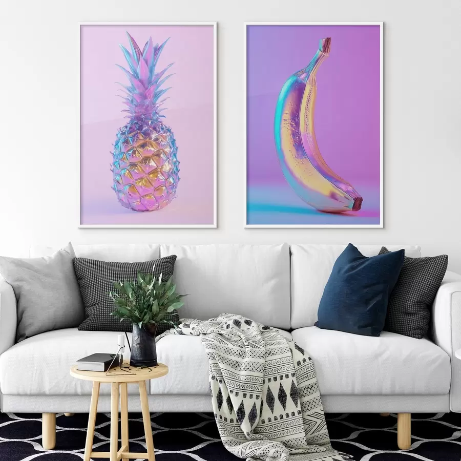 Fototapeta jasny, błyszczący ananas i banan w stylu pop art d00737