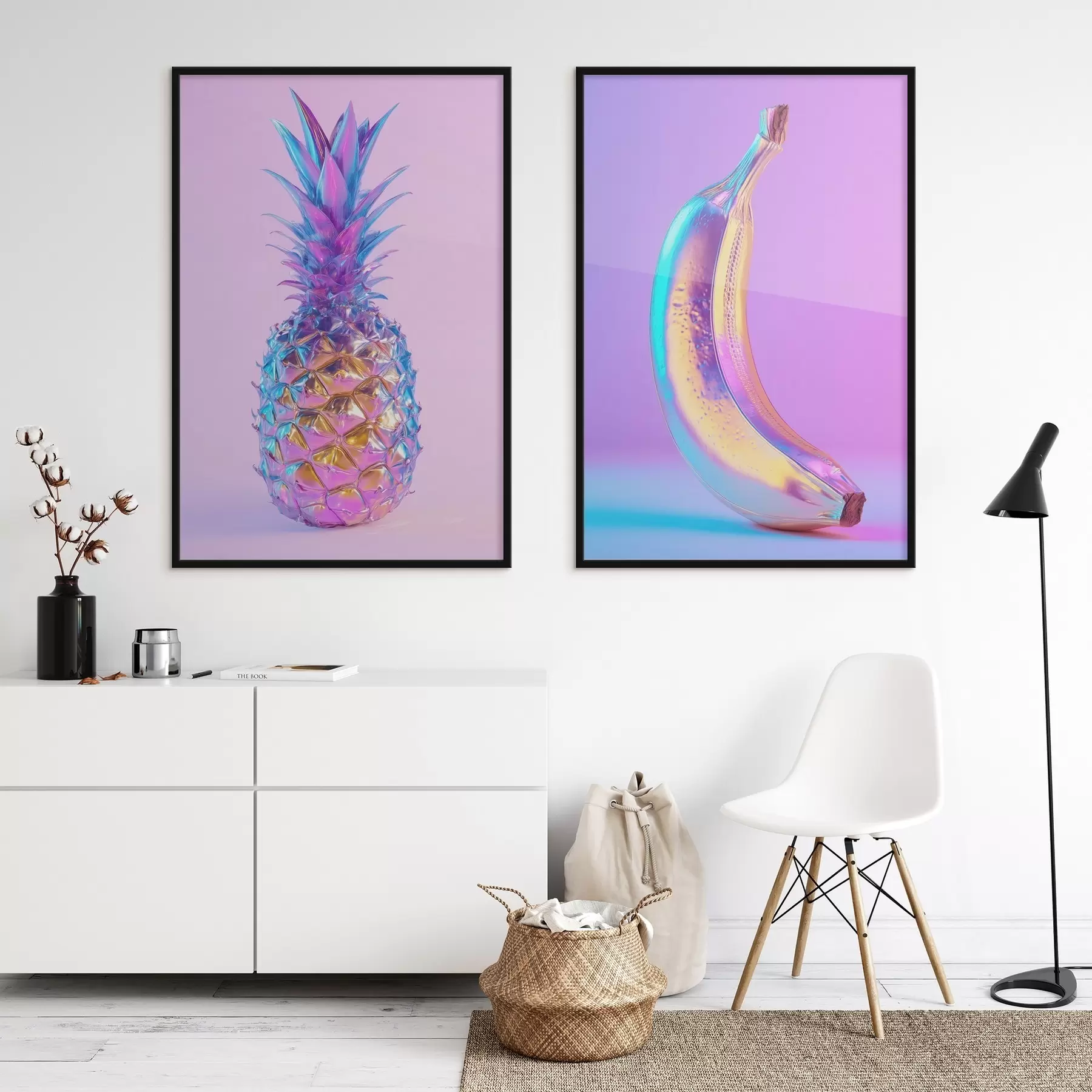 Fototapeta jasny, błyszczący ananas i banan w stylu pop art d00737