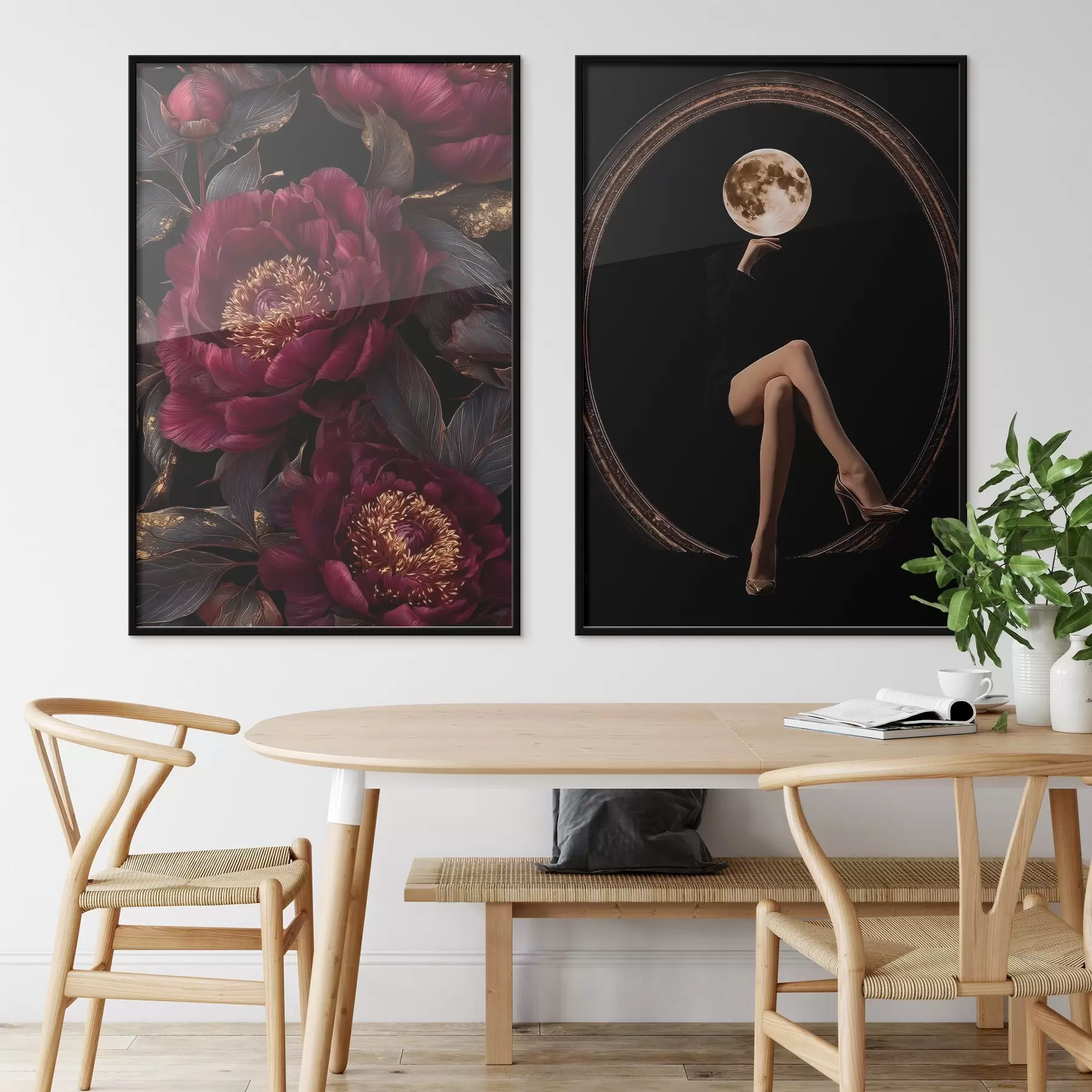 Fototapeta Burgundowe piwonie i sylwetka z głową w kształcie księżyca na czarnym tle d00765