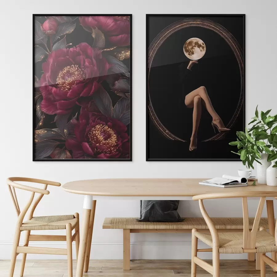 Fototapeta Burgundowe piwonie i sylwetka z głową w kształcie księżyca na czarnym tle d00765
