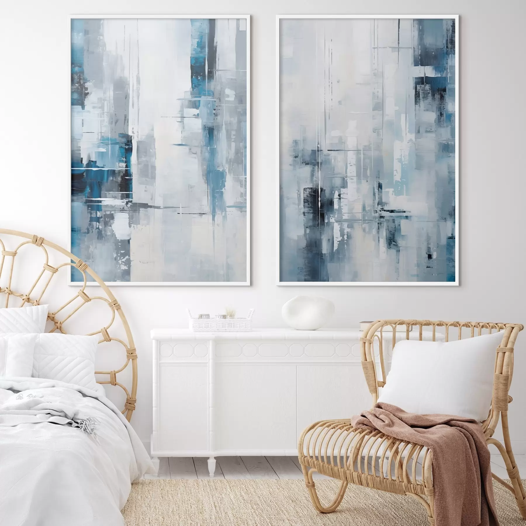 Fototapeta Imitacja malarstwa abstrakcyjnego w kolorach niebieskim, szarym i białym, z pionowymi liniami i geometrycznymi kształtami d00819