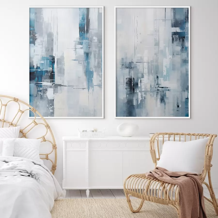 Fototapeta Imitacja malarstwa abstrakcyjnego w kolorach niebieskim, szarym i białym, z pionowymi liniami i geometrycznymi kształtami d00819