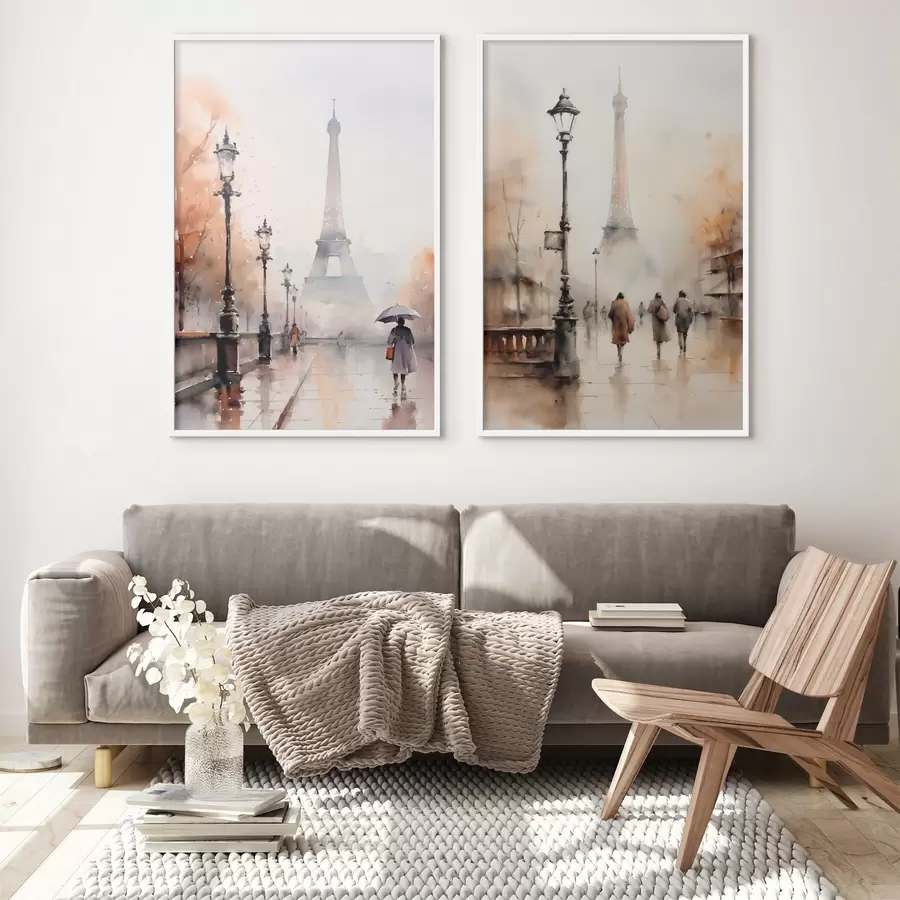 Fototapeta Deszczowy jesienny dzień w Paryżu z Wieżą Eiffla w tle i zabytkowymi latarniami ulicznymi d00821