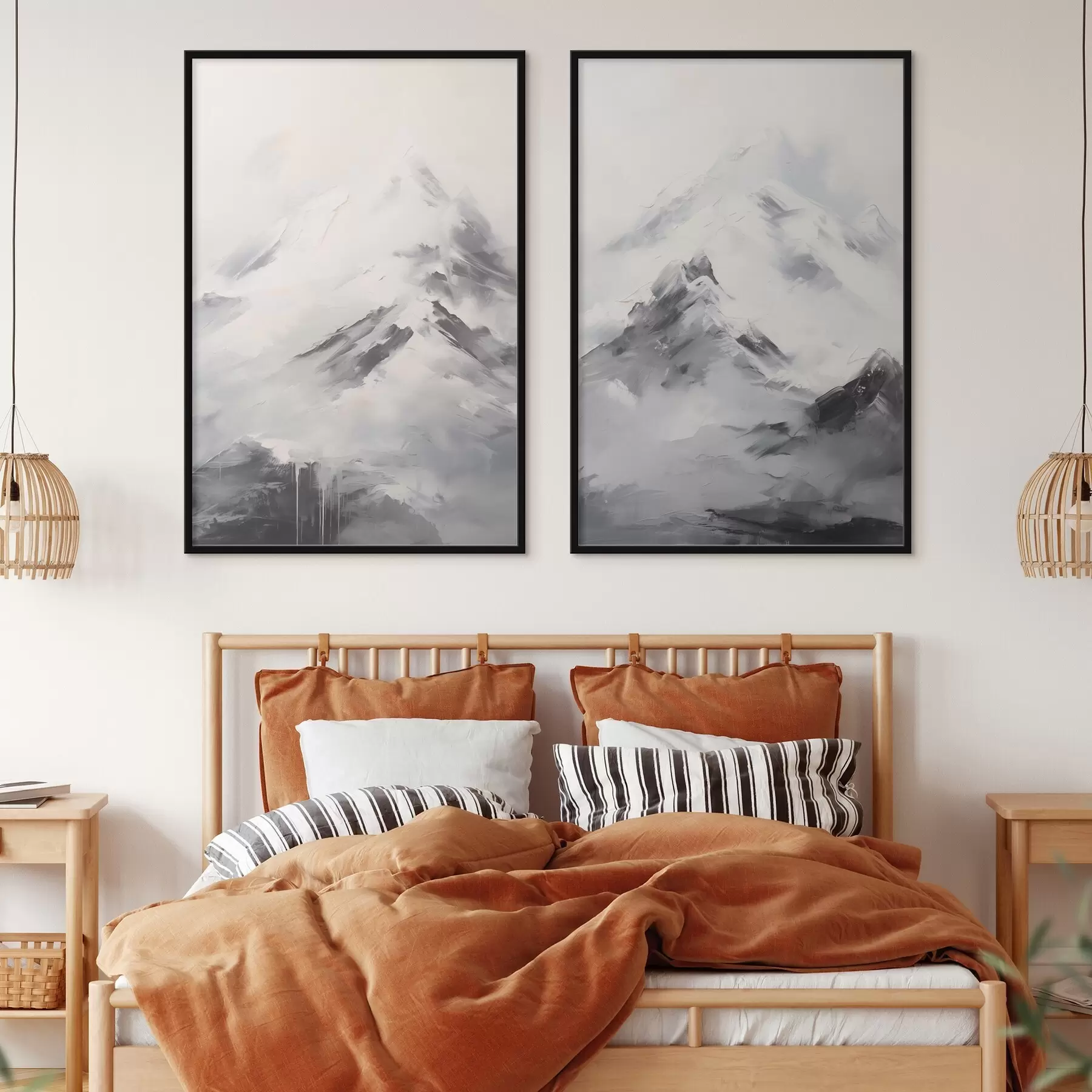 Fototapeta Ośnieżone szczyty górskie z szarymi cieniami, szare niebo, pociągnięcia pędzla, teksturowane, minimalistyczne d00822