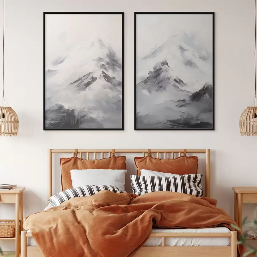 Fototapeta Ośnieżone szczyty górskie z szarymi cieniami, szare niebo, pociągnięcia pędzla, teksturowane, minimalistyczne d00822