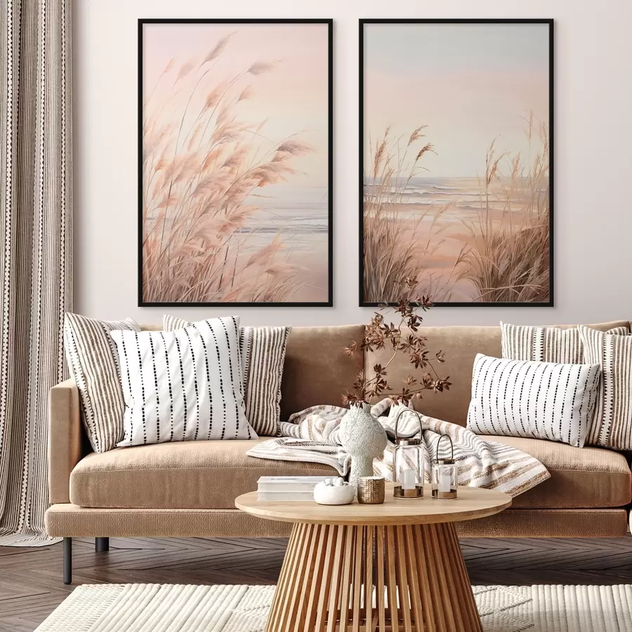 Fototapeta Trawa pampasowa w pastelowej pomarańczowej kolorystyce, jasnoróżowe niebo, spokojny krajobraz d00823