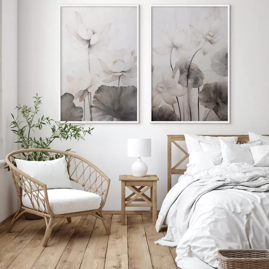 Fototapeta Białe teksturowane kwiaty lotosu z ciemnymi liśćmi, jasnym tłem i minimalistycznym wzorem d00824