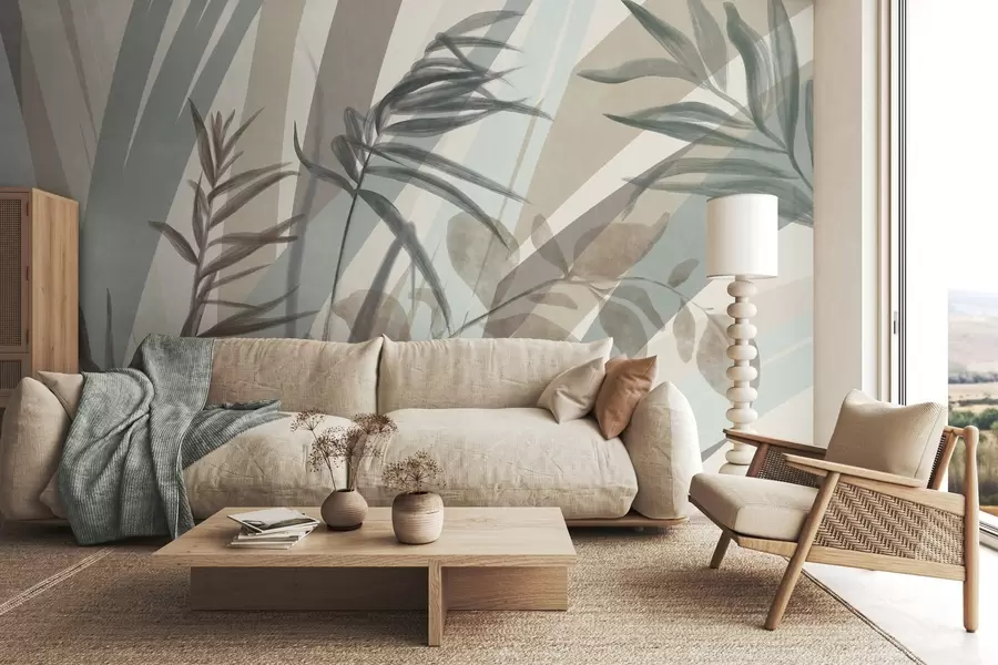 Fototapeta Wysoka trawa o fakturze i liście w stonowanych kolorach ziemi, z abstrakcyjnymi liniami w tle, tworzące organiczny wzór. w09643