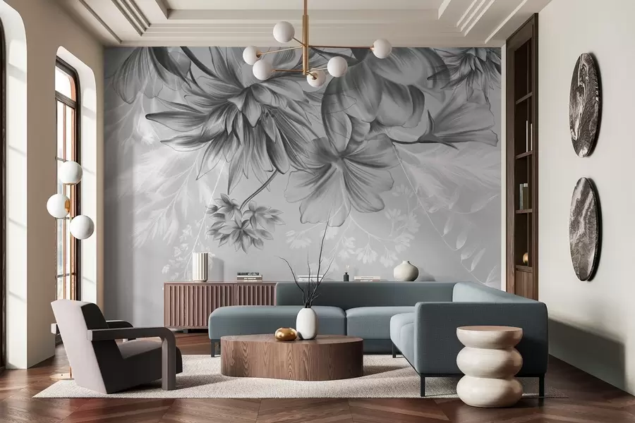 Fototapeta Teksturowane kwiaty i paprocie w odcieniach ciemnej szarości i bieli na stonowanym szarym tle, styl rysunku w09644v1