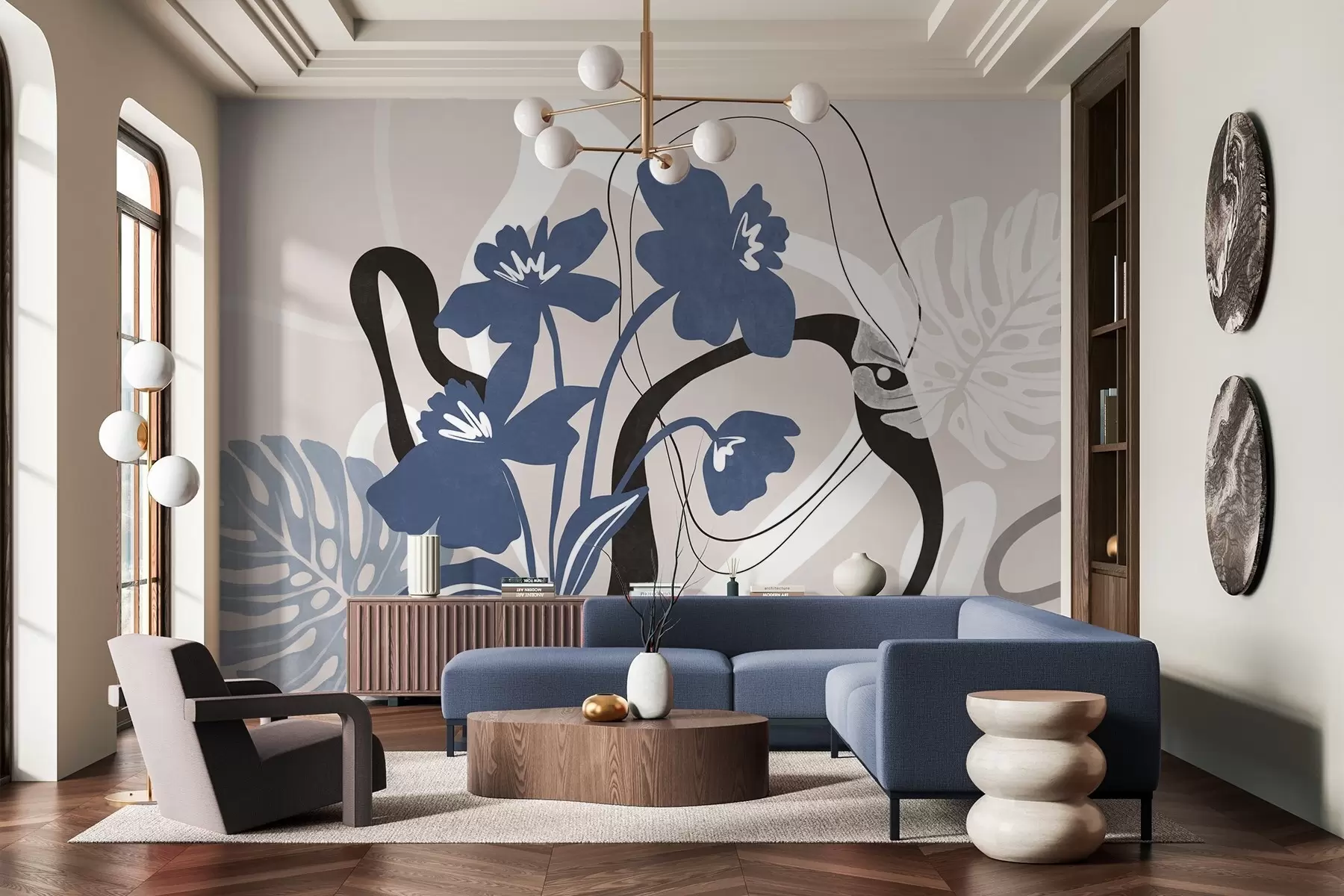 Fototapeta Abstrakcyjne niebieskie kwiaty o fakturze z białymi i czarnymi kształtami na jasnobeżowym tle, minimalistyczna sztuka w09645