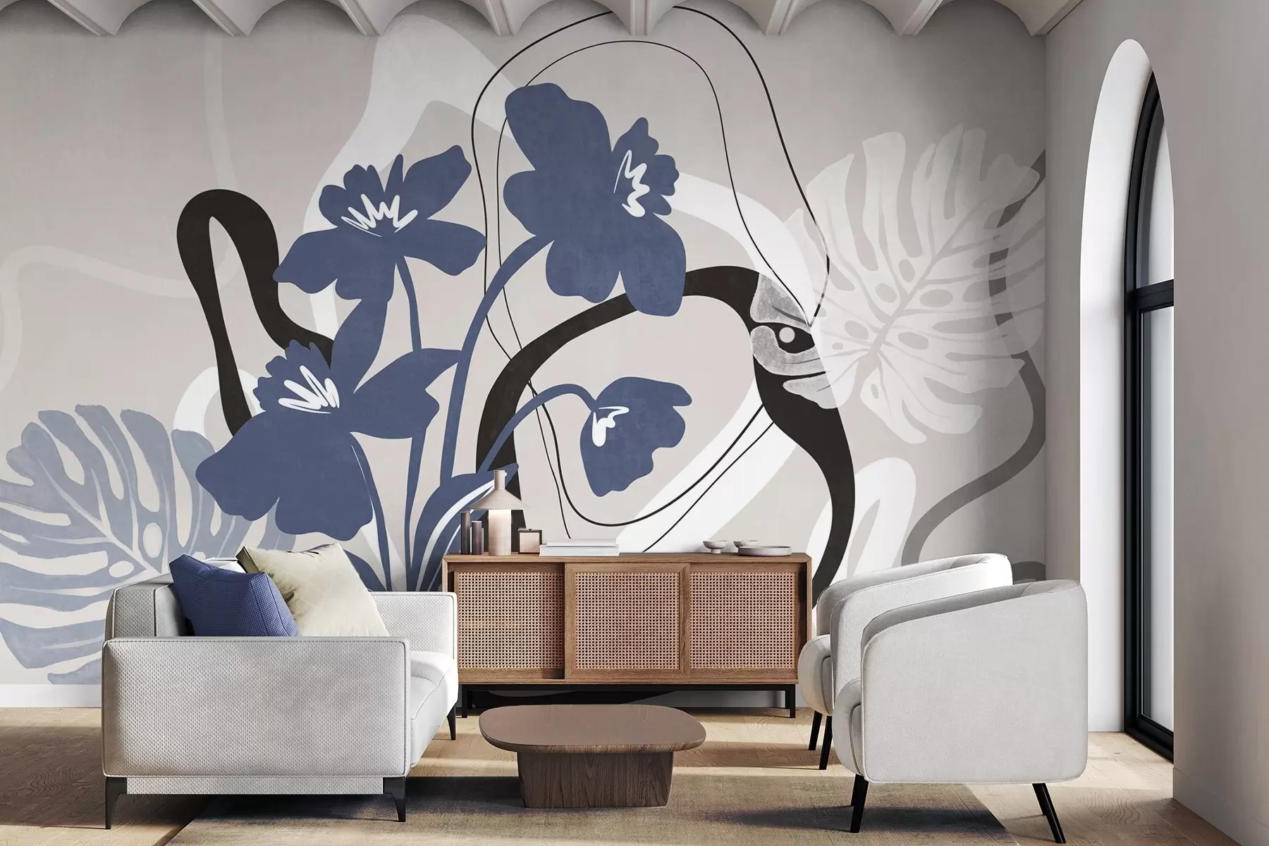 Fototapeta Abstrakcyjne niebieskie kwiaty o fakturze z białymi i czarnymi kształtami na jasnobeżowym tle, minimalistyczna sztuka w09645