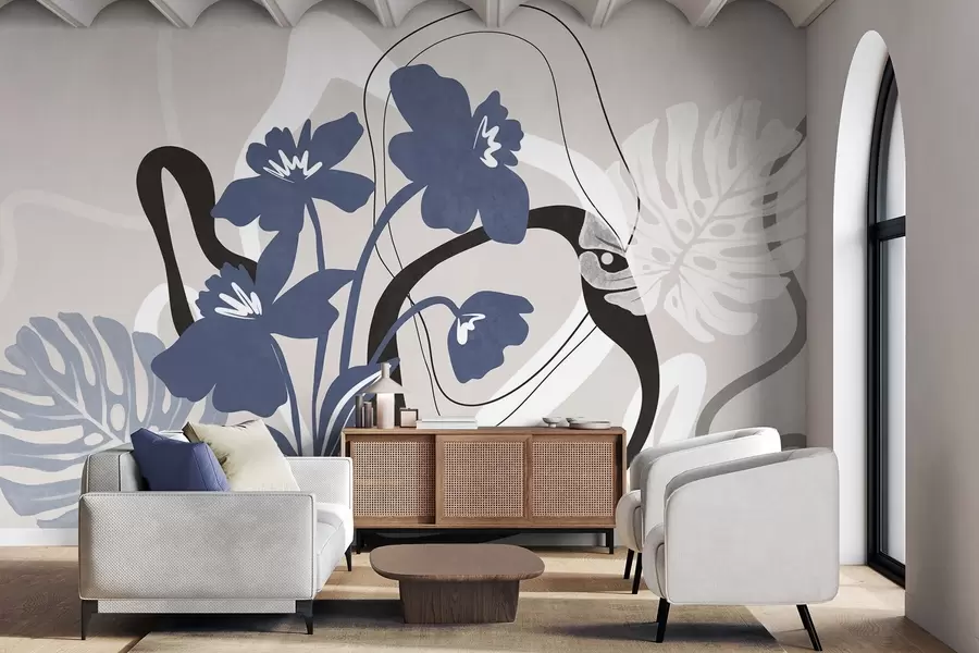 Fototapeta Abstrakcyjne niebieskie kwiaty o fakturze z białymi i czarnymi kształtami na jasnobeżowym tle, minimalistyczna sztuka w09645