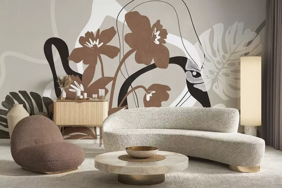 Fototapeta Abstrakcyjne, teksturowane brązowe kwiaty z białymi i czarnymi kształtami na beżowym tle, minimalistyczna sztuka w09645v1