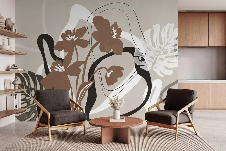 Fototapeta Abstrakcyjne, teksturowane brązowe kwiaty z białymi i czarnymi kształtami na beżowym tle, minimalistyczna sztuka w09645v1