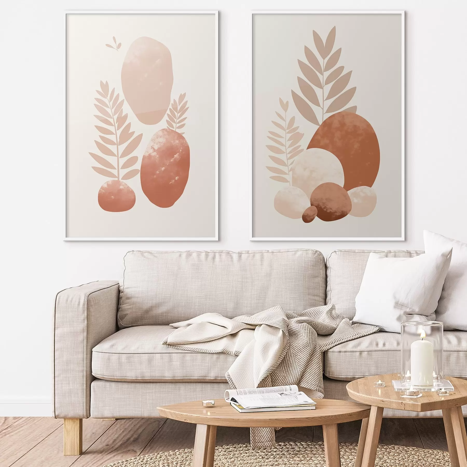 Fototapeta Abstrakcyjne kształty, kamienie o fakturze i liście w stonowanych odcieniach brzoskwini i terakoty, minimalistyczne, kremowe tło. d01114