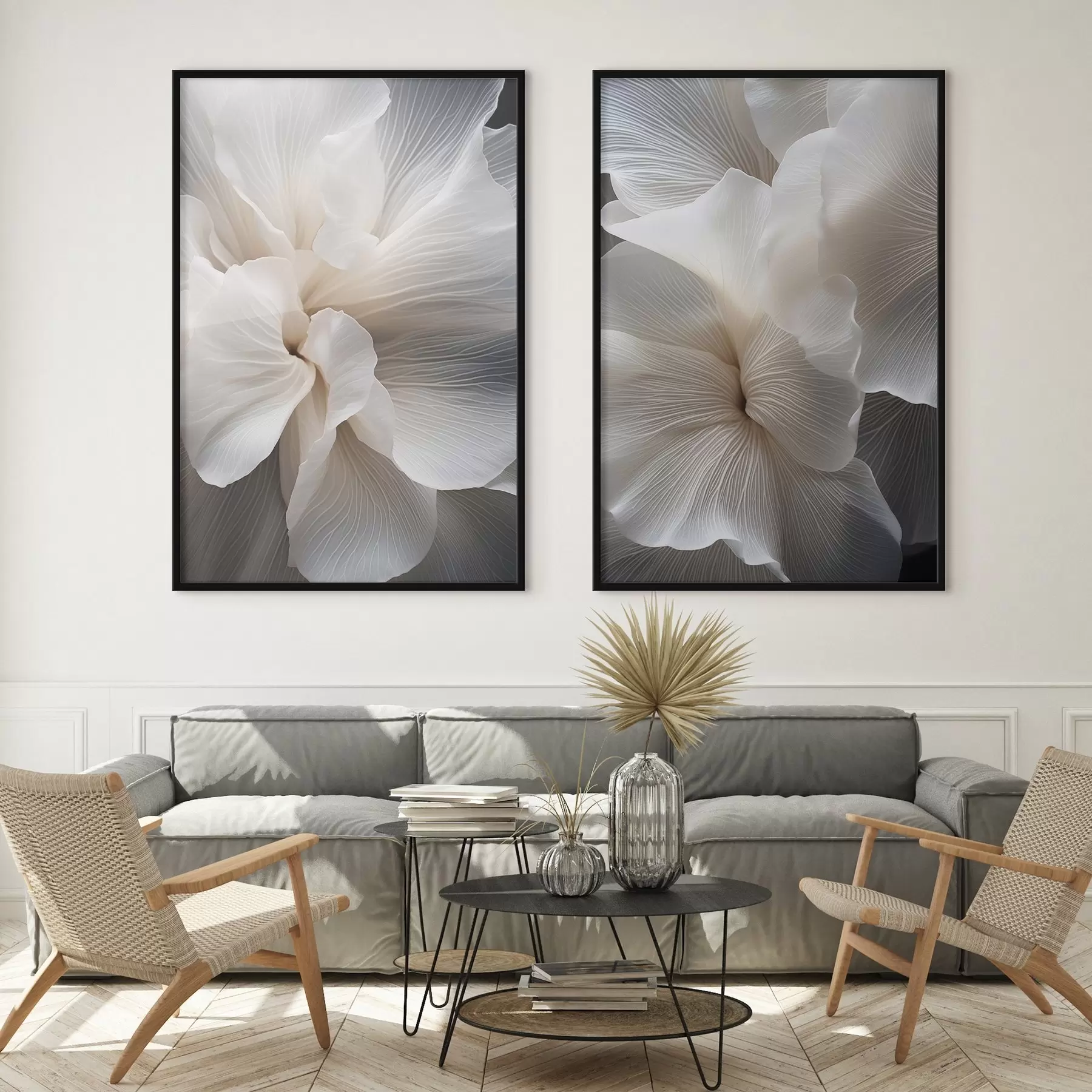 Fototapeta Zbliżenie na delikatne, abstrakcyjne białe płatki kwiatów o skomplikowanych liniach i zamazanym ciemnym tle. d01117