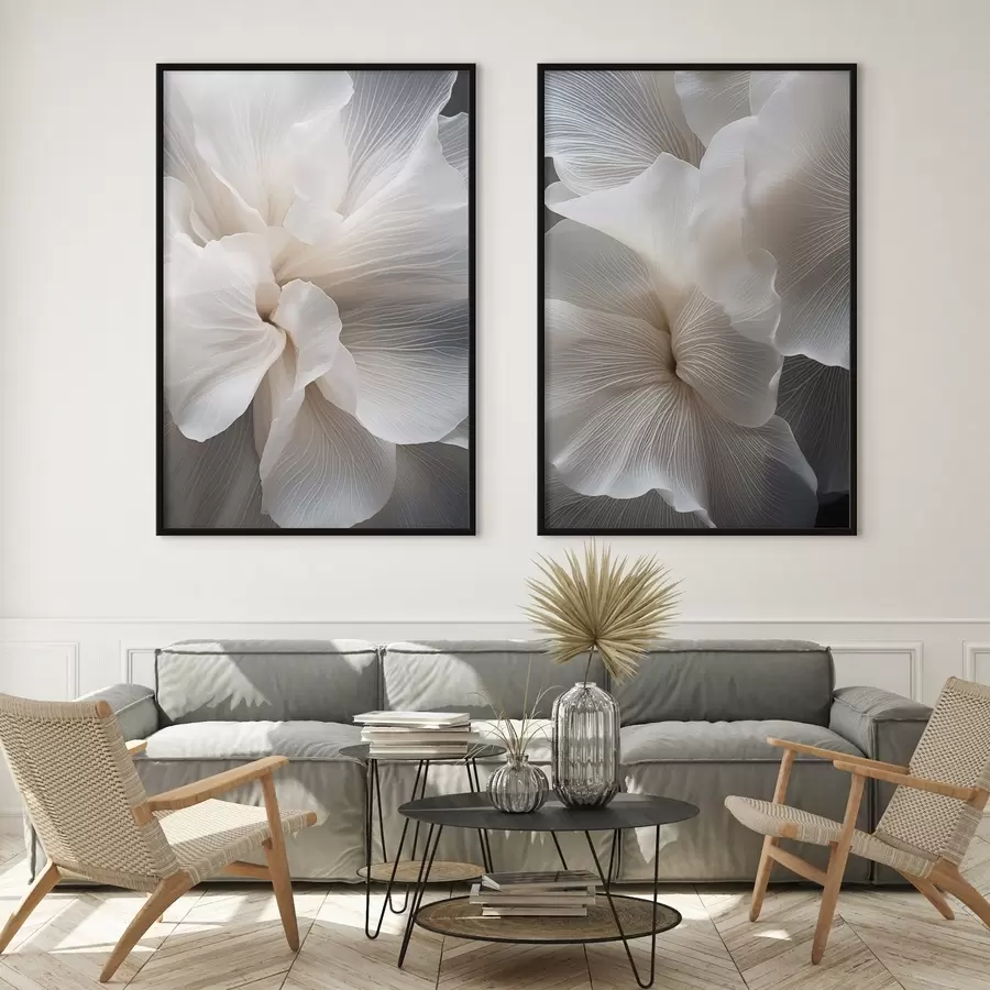 Fototapeta Zbliżenie na delikatne, abstrakcyjne białe płatki kwiatów o skomplikowanych liniach i zamazanym ciemnym tle. d01117