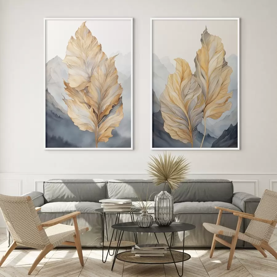 Fototapeta Abstrakcyjne, duże, żółte i brązowe liście o skomplikowanych szczegółach na tle górskiego krajobrazu. d01119