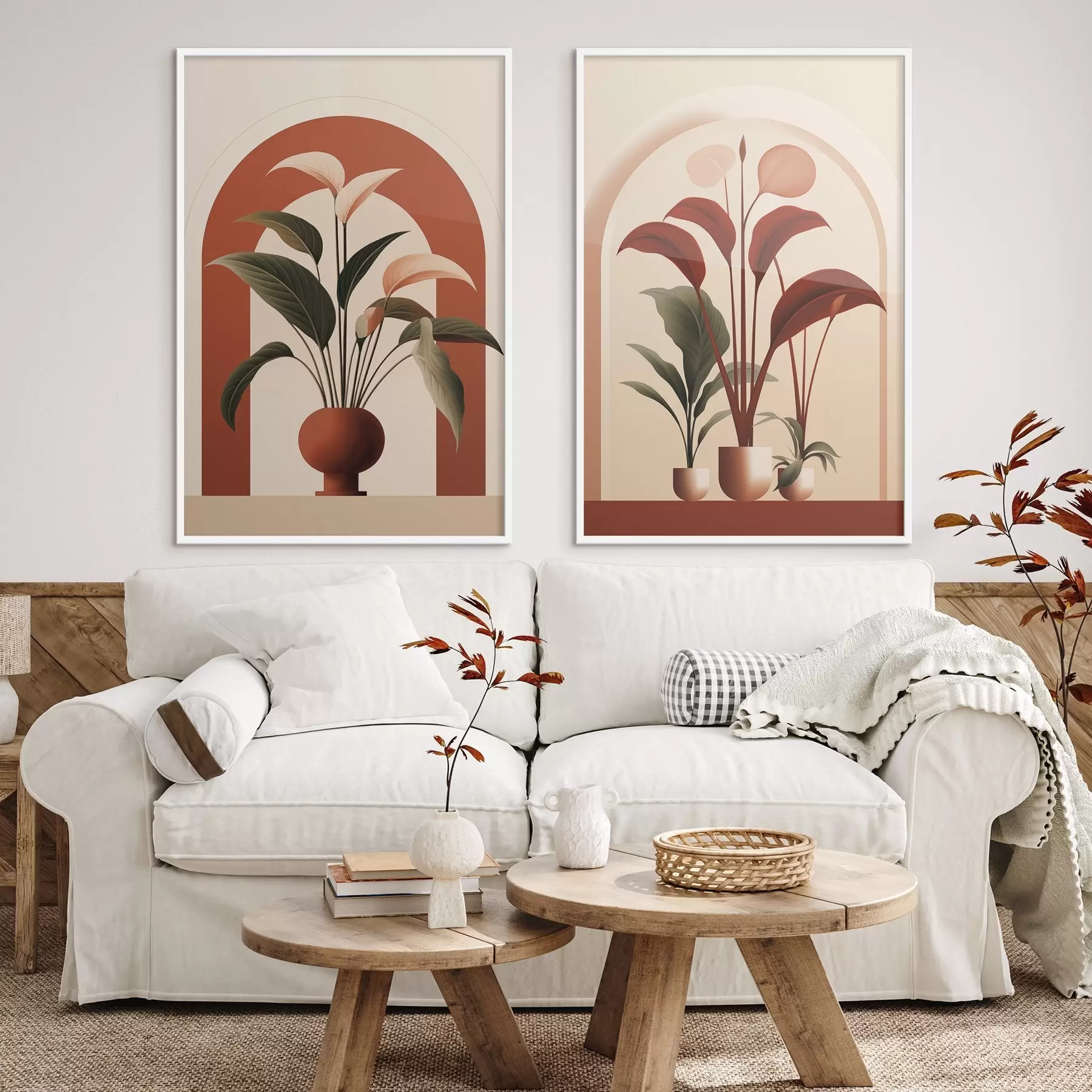 Fototapeta Abstrakcyjne rośliny doniczkowe z dużymi zielonymi i czerwonymi liśćmi przed kremową bramą łukową. d01124