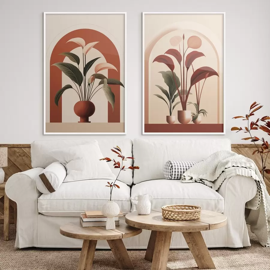 Fototapeta Abstrakcyjne rośliny doniczkowe z dużymi zielonymi i czerwonymi liśćmi przed kremową bramą łukową. d01124