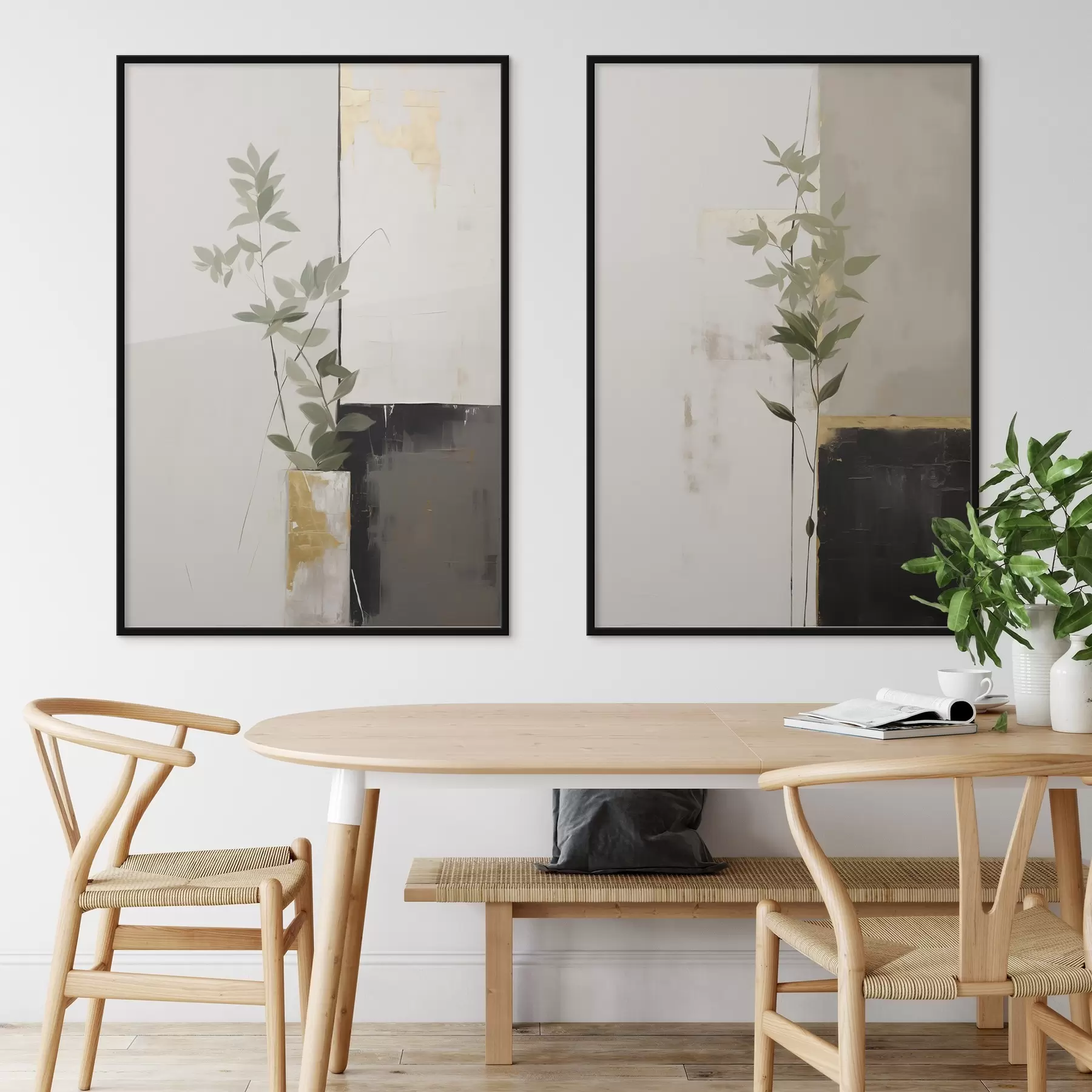 Fototapeta Minimalistyczny obraz przedstawiający wazon z zielonymi liśćmi na tle abstrakcyjnych geometrycznych kształtów. d01126