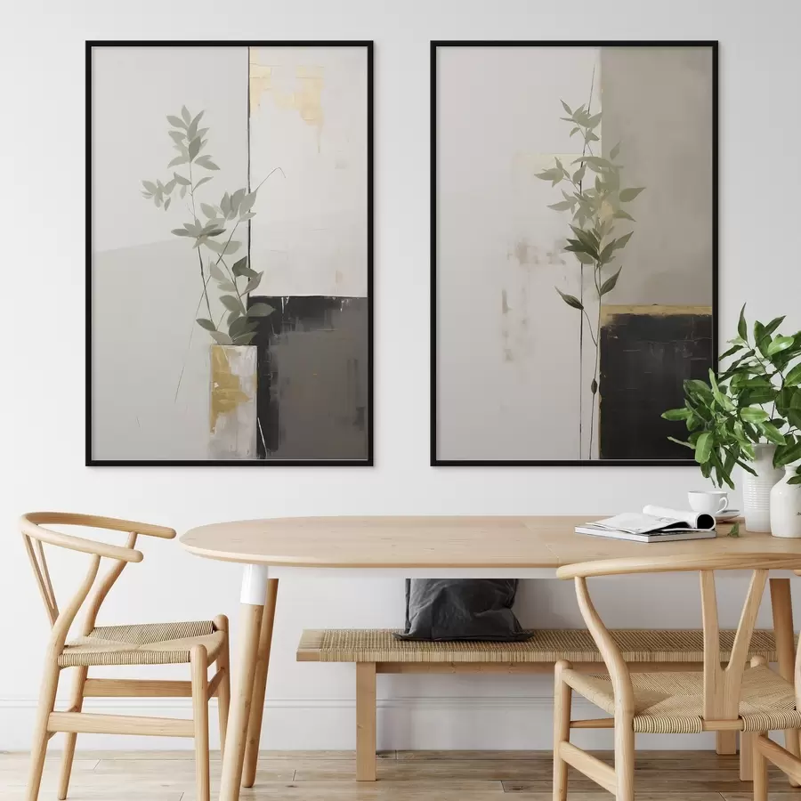 Fototapeta Minimalistyczny obraz przedstawiający wazon z zielonymi liśćmi na tle abstrakcyjnych geometrycznych kształtów. d01126