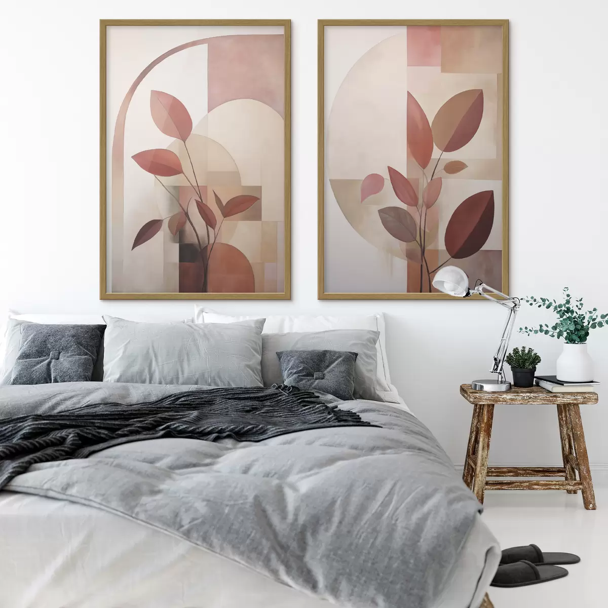 Plakat Abstrakcyjna roślina o czerwonych liściach na tle geometrycznych kształtów i delikatnych, stonowanych kolorów. d01128