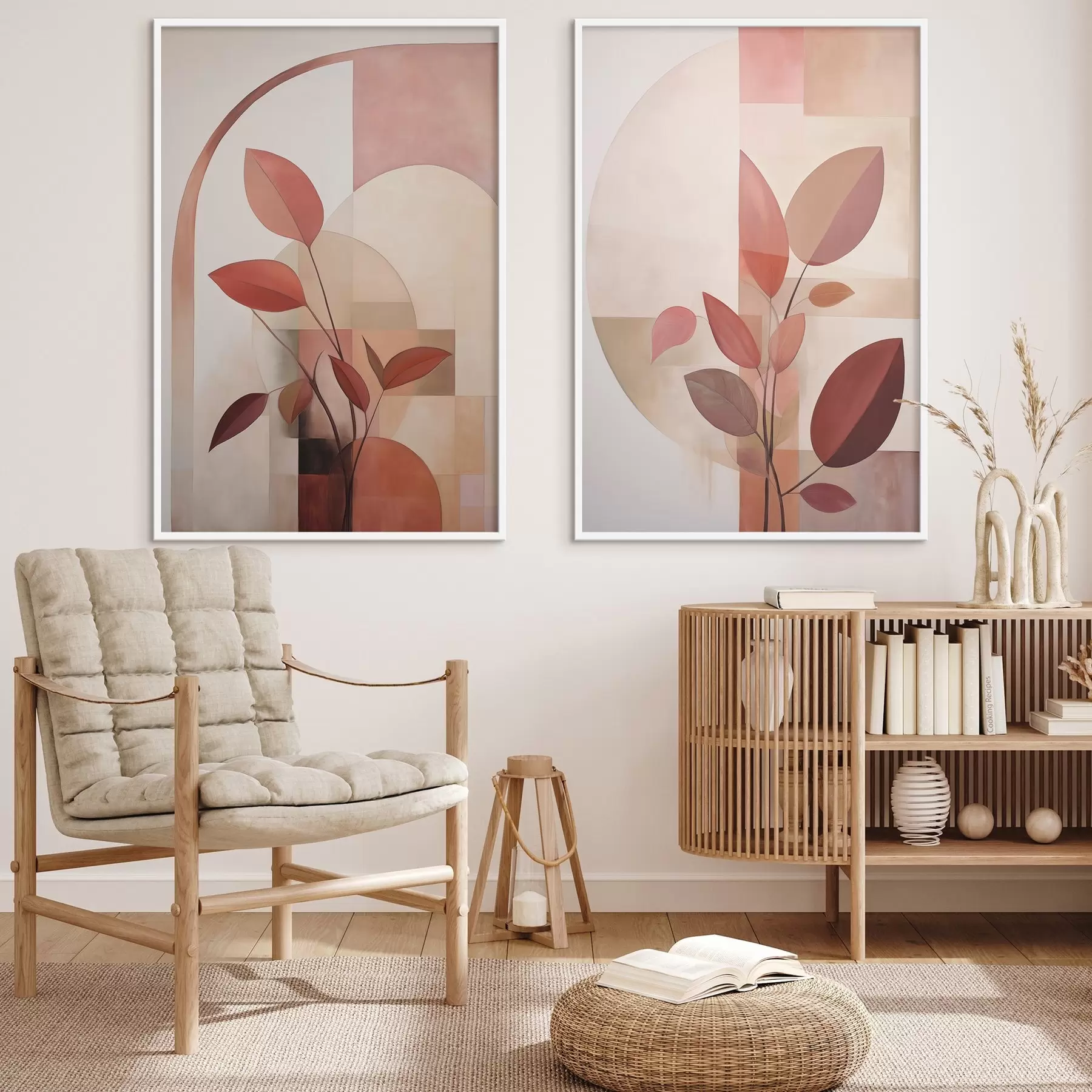 Fototapeta Abstrakcyjna roślina o czerwonych liściach na tle geometrycznych kształtów i delikatnych, stonowanych kolorów. d01128