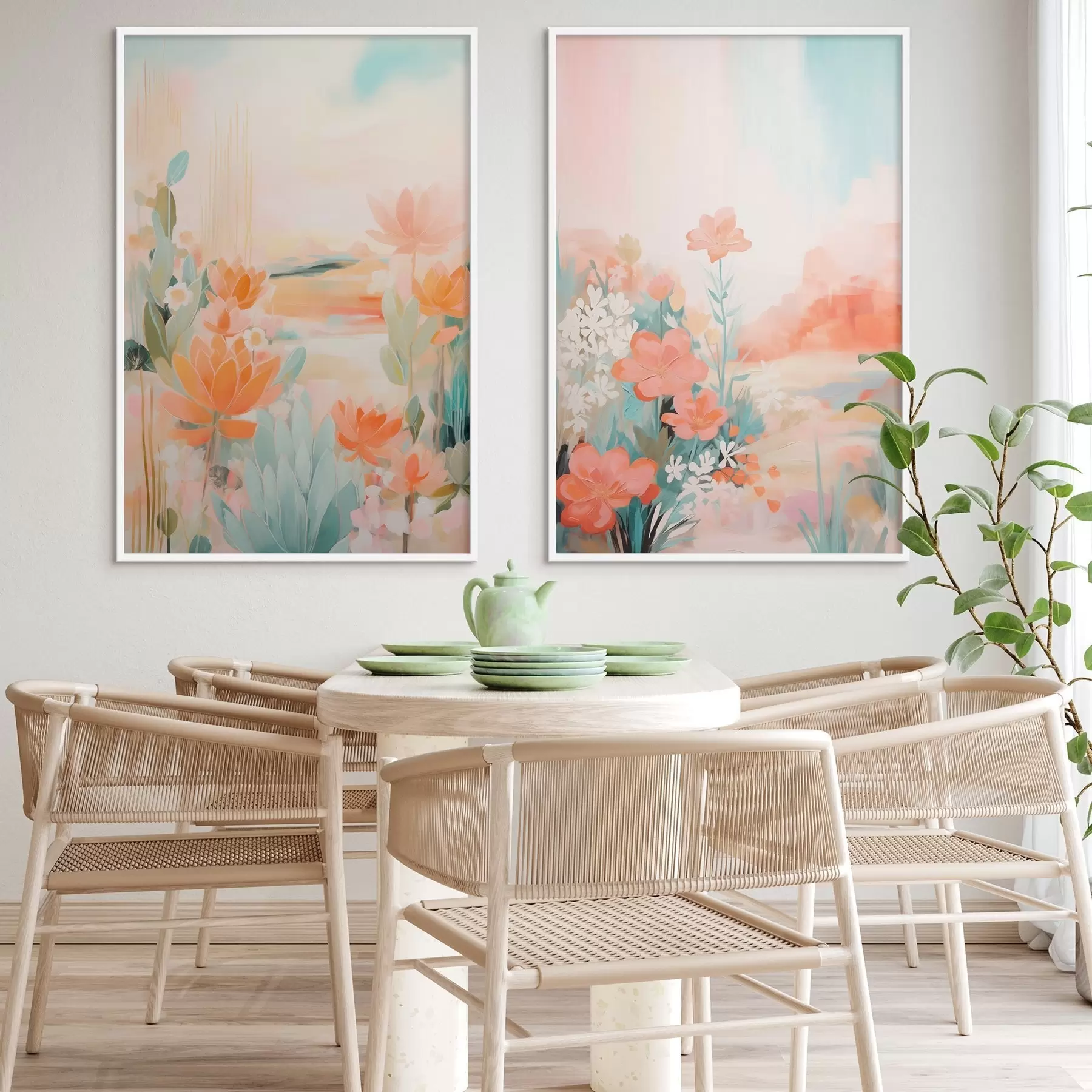 Fototapeta Motywy kwiatowe w pastelowych odcieniach na tle lekko zamglonej doliny d01085