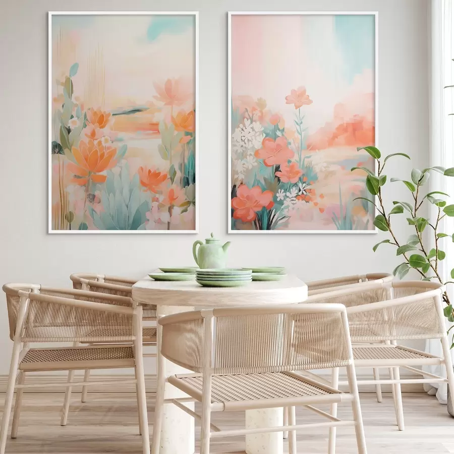 Fototapeta Motywy kwiatowe w pastelowych odcieniach na tle lekko zamglonej doliny d01085