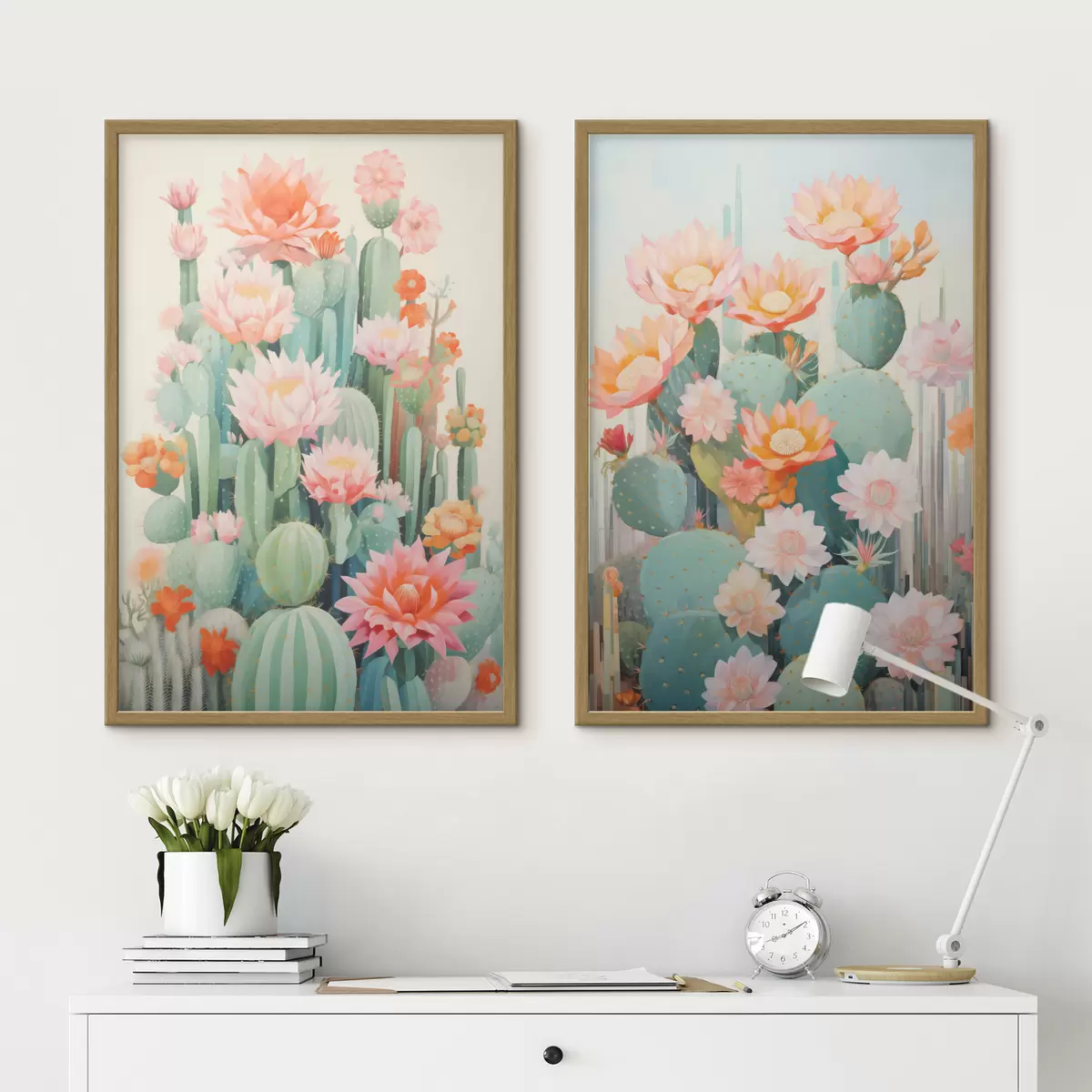 Plakat Kaktusy o dużych kwiatach, pastelowa paleta barw i poczucie spokoju d01086