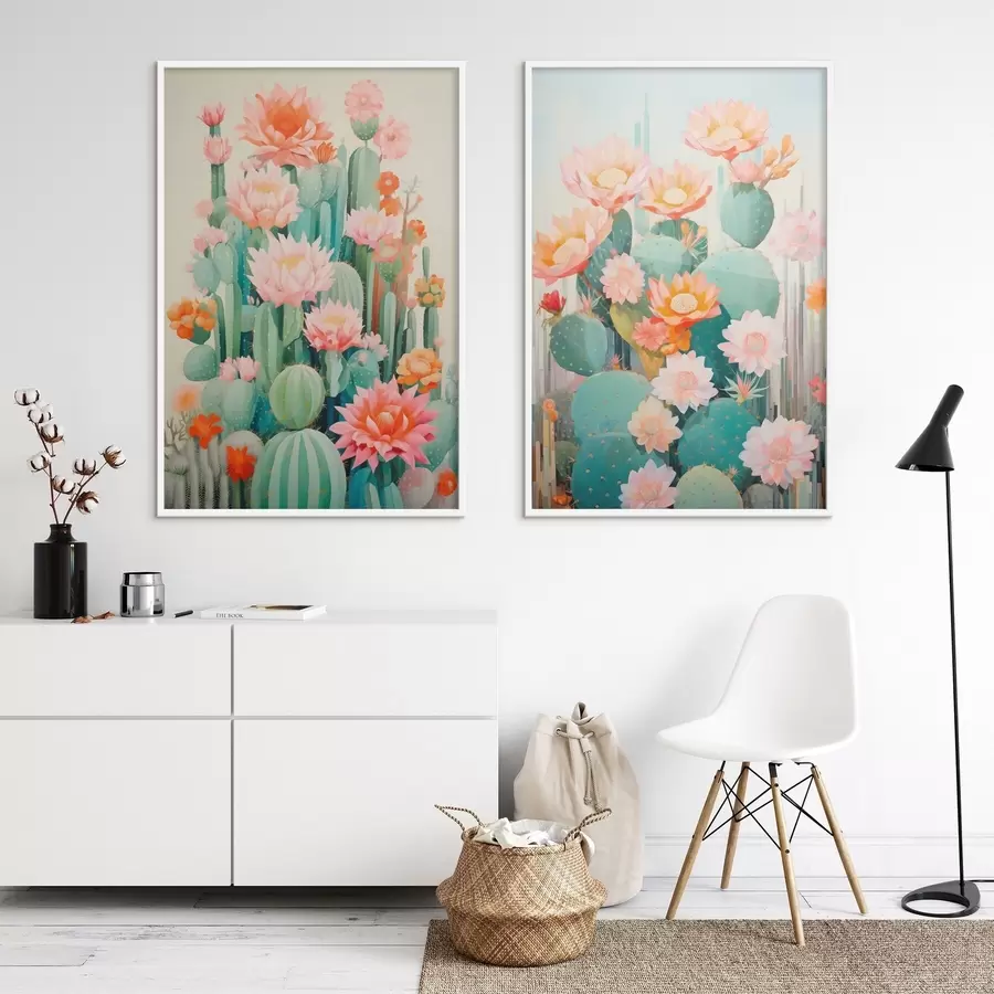 Fototapeta Kaktusy o dużych kwiatach, pastelowa paleta barw i poczucie spokoju d01086