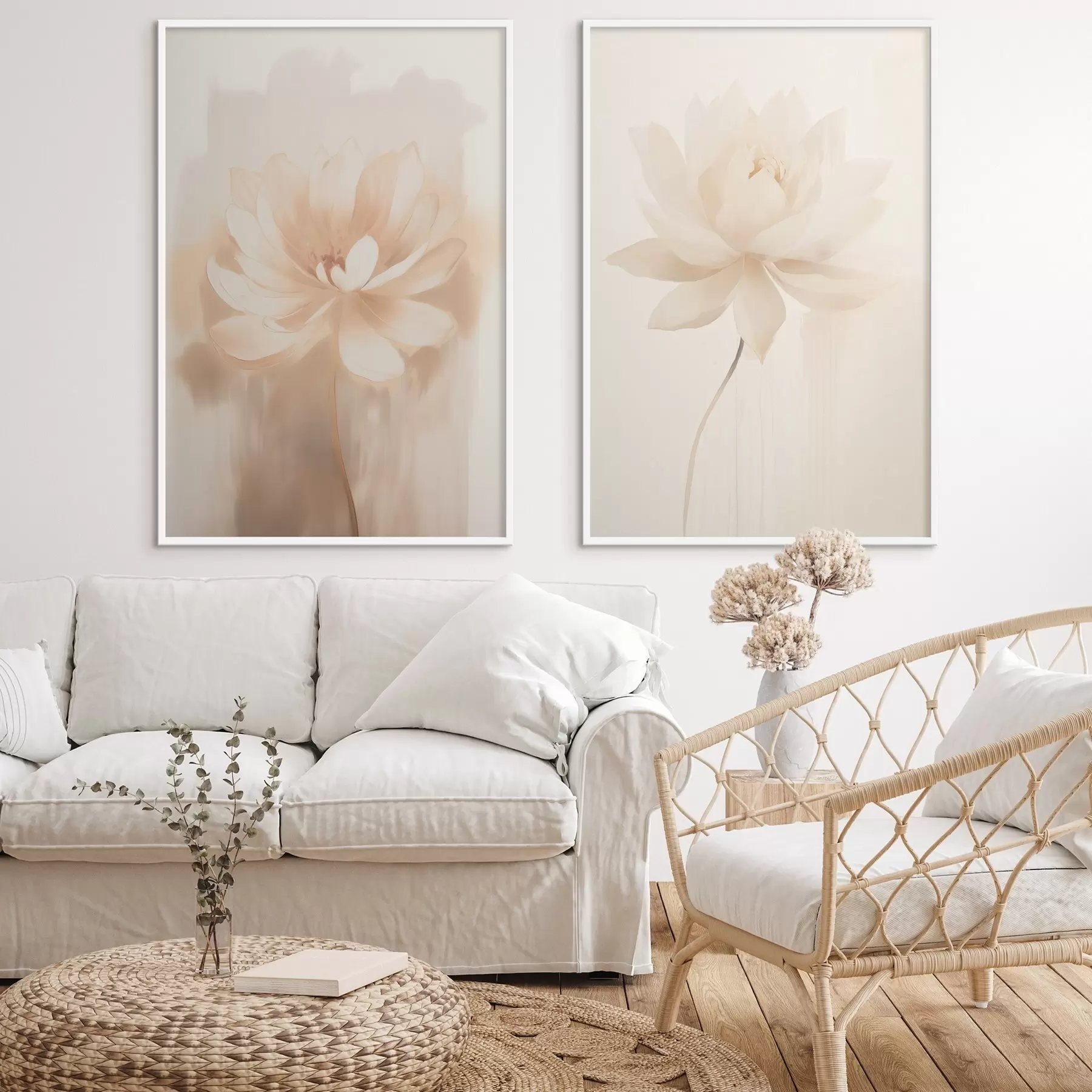 Fototapeta Kompozycja kwiatowa w ciepłych odcieniach beżu z lekkimi pociągnięciami pędzla i przewiewnym tłem d01087