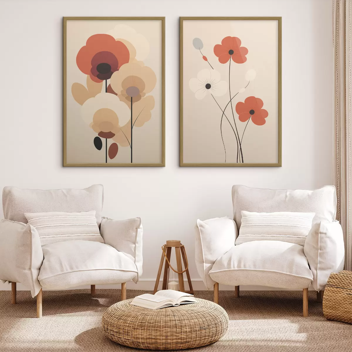 Plakat Minimalistyczny dyptyk kwiatowy w ciepłych odcieniach beżu i koralowca z graficznymi liniami d01090