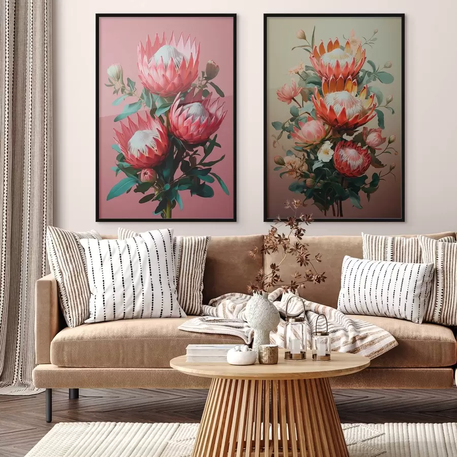 Fototapeta Proteas w dwóch nastrojach: bogate różowe tło i ciepły oliwkowy gradient d01092