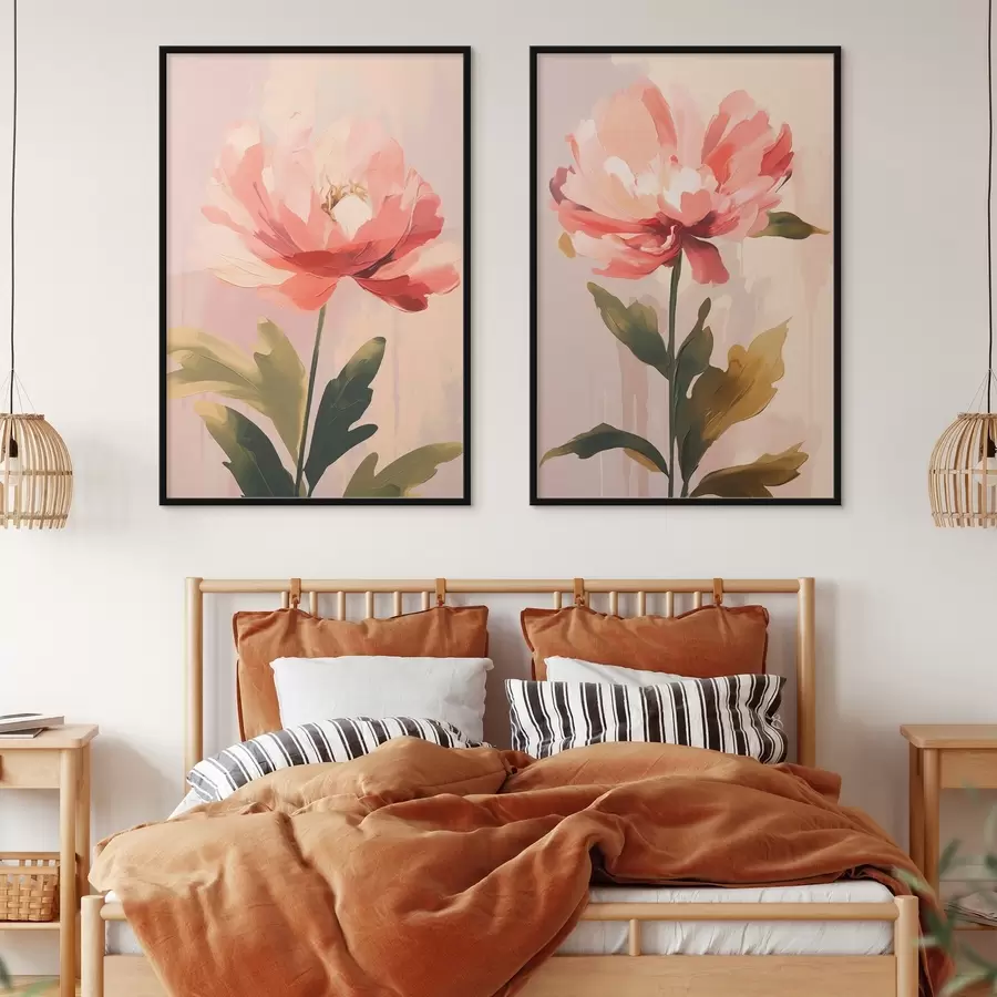 Fototapeta Pastelowe piwonie na wysokich łodygach w ciepłych odcieniach różu d01093