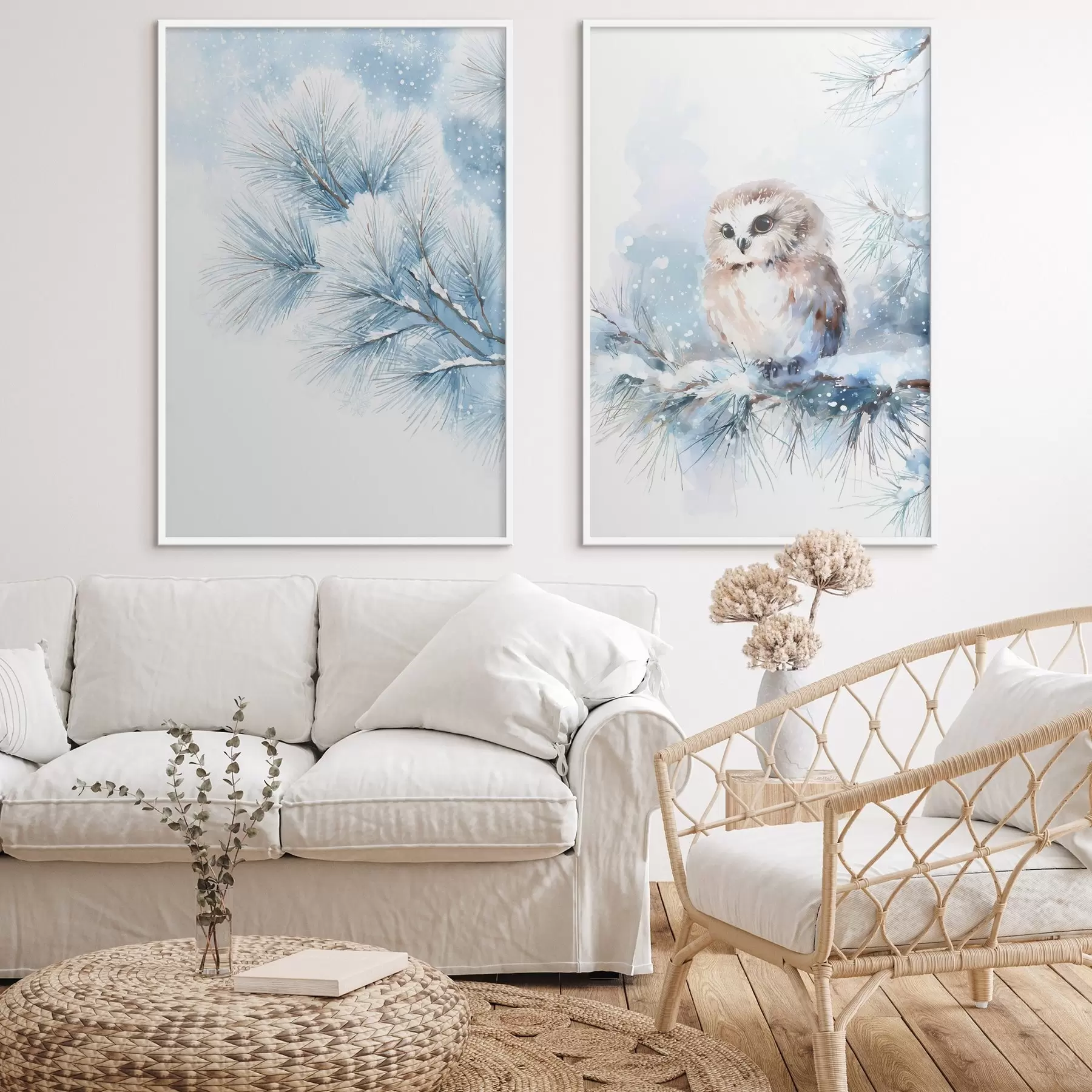 Fototapeta urocza sowa na pokrytej śniegiem gałęzi sosny w stylu akwareli d01168