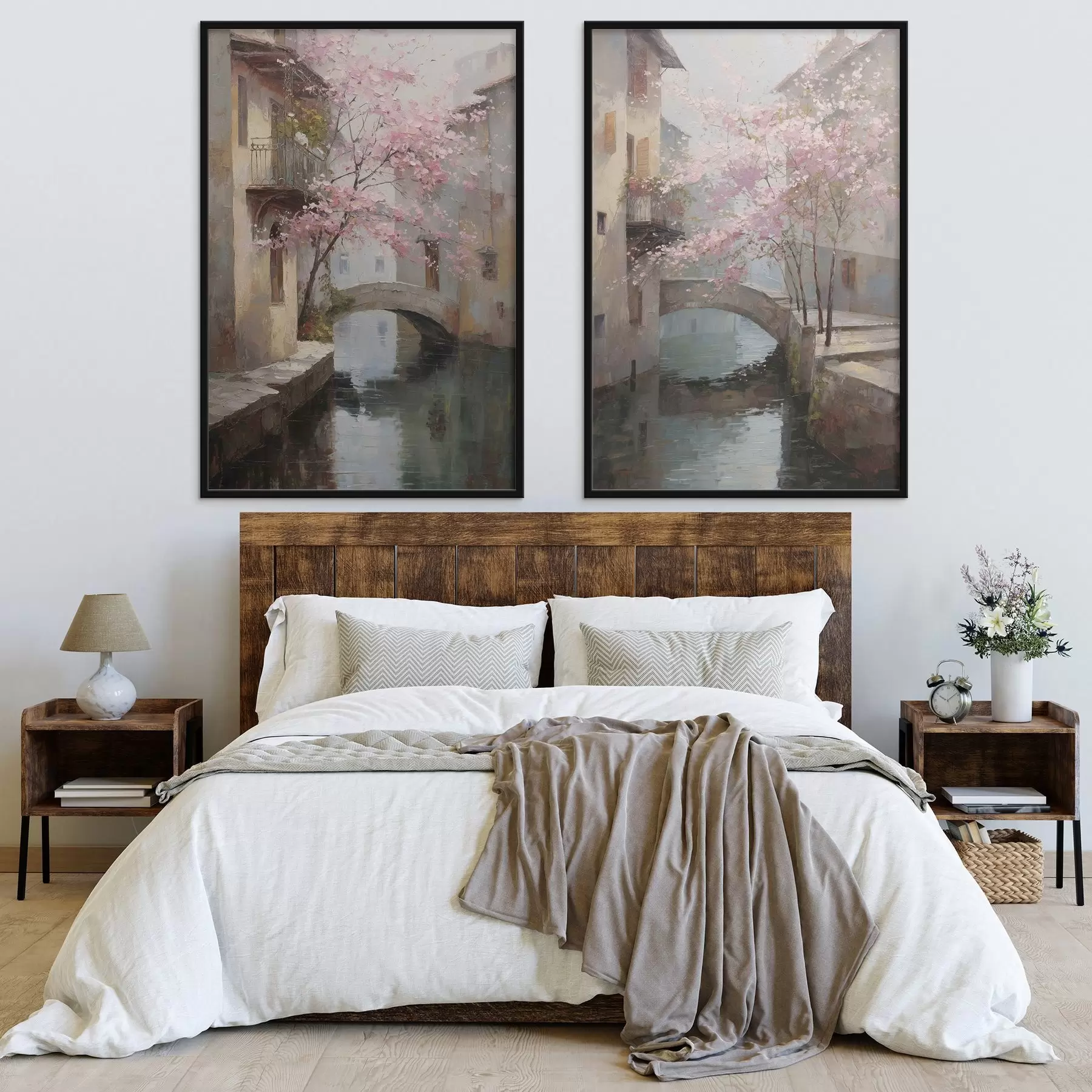 Fototapeta romantyczny pejzaż miejski z kwitnącym drzewem w stylu malarstwa olejnego d01173