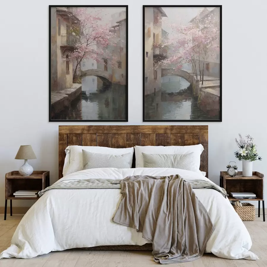 Fototapeta romantyczny pejzaż miejski z kwitnącym drzewem w stylu malarstwa olejnego d01173