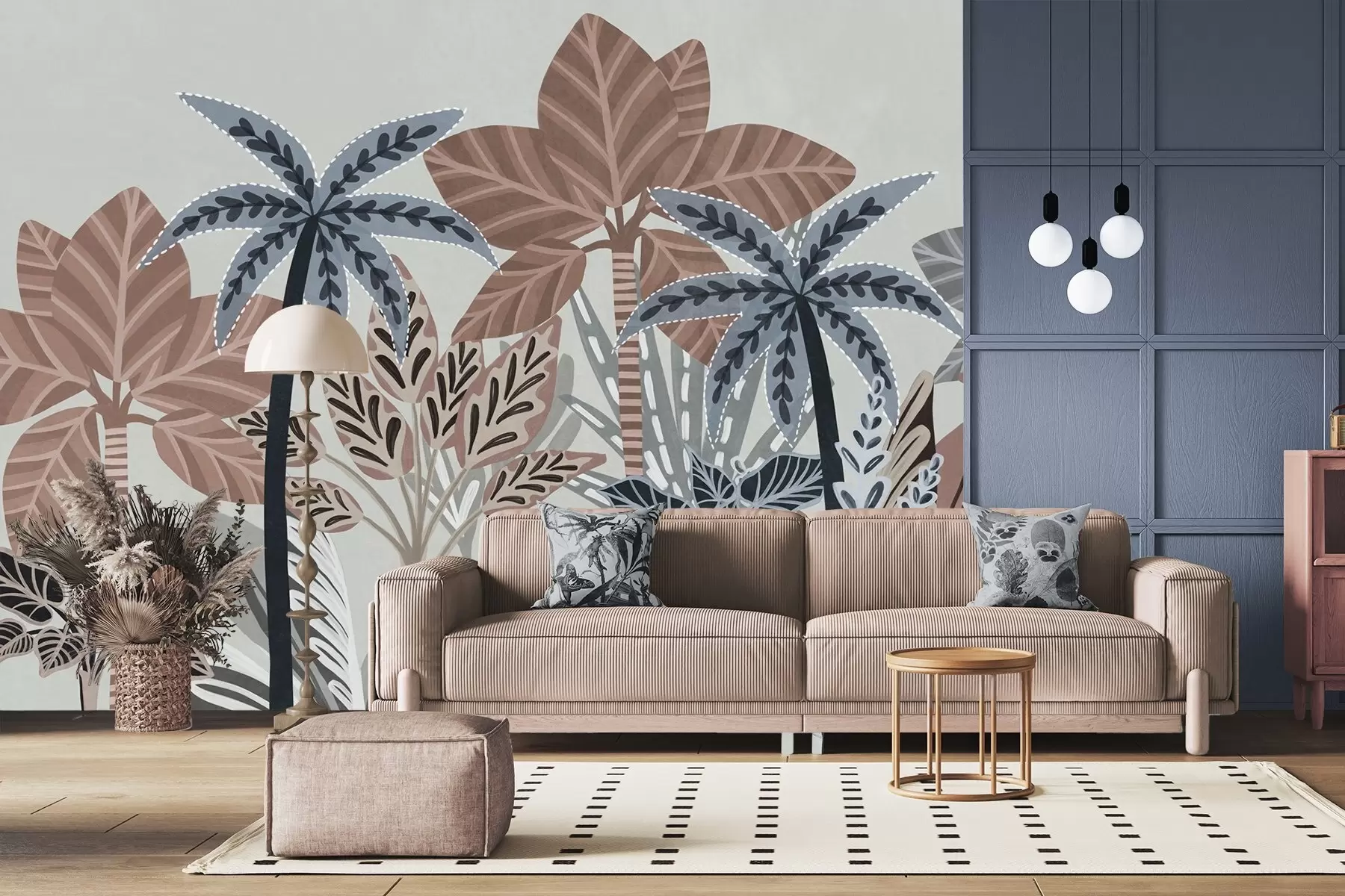 Fototapeta Teksturowane rośliny tropikalne i palmy w stonowanych kolorach w dekoracyjnym stylu boho na szarym tle w09639v1