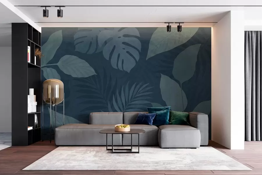 Fototapeta teksturowane tropikalne liście na ciemnoniebieskim tle w05063v3