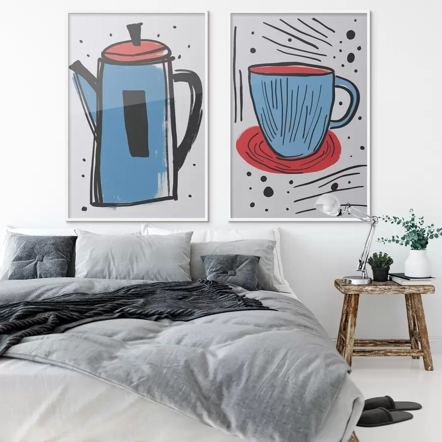 Fototapeta Dzbanek do kawy i filiżanka imitujące prymitywny rysunek d01225