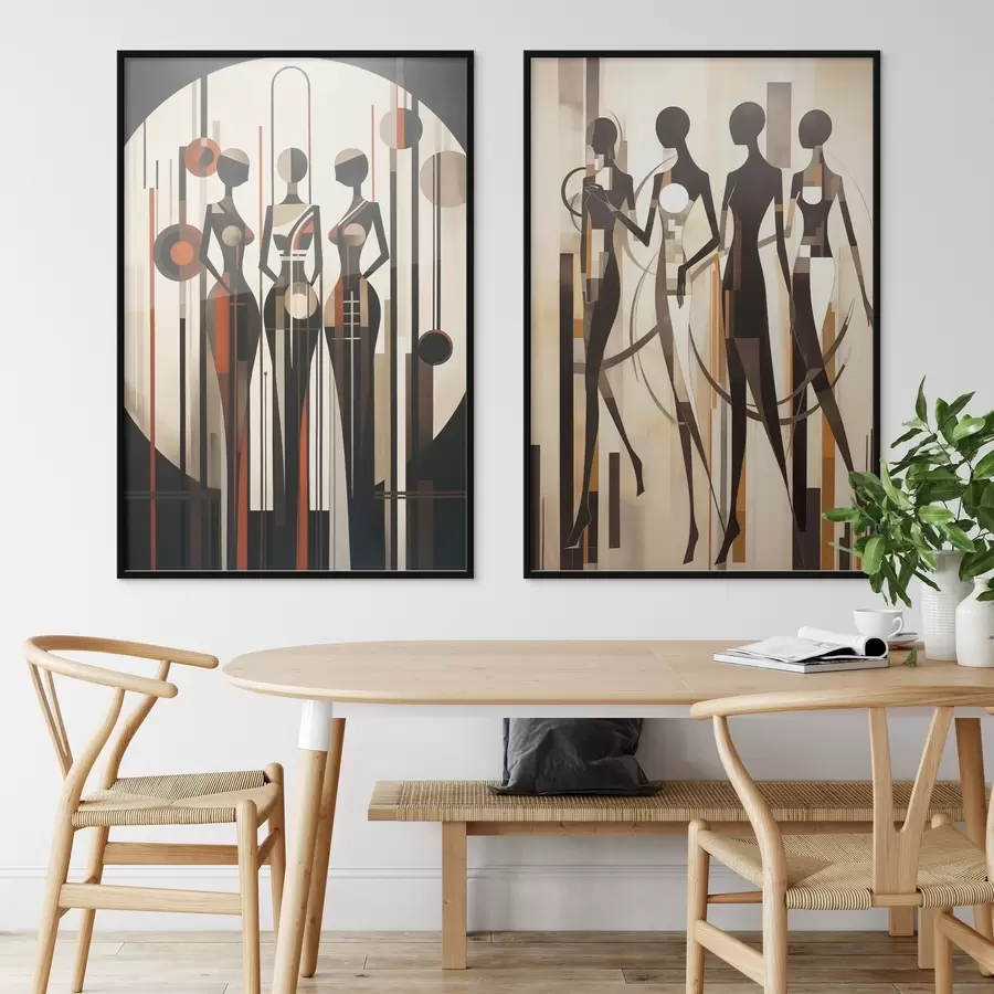 Fototapeta Stylizowane postacie kobiece z elementami geometrycznymi na abstrakcyjnym tle pionowych linii i okręgów d01237