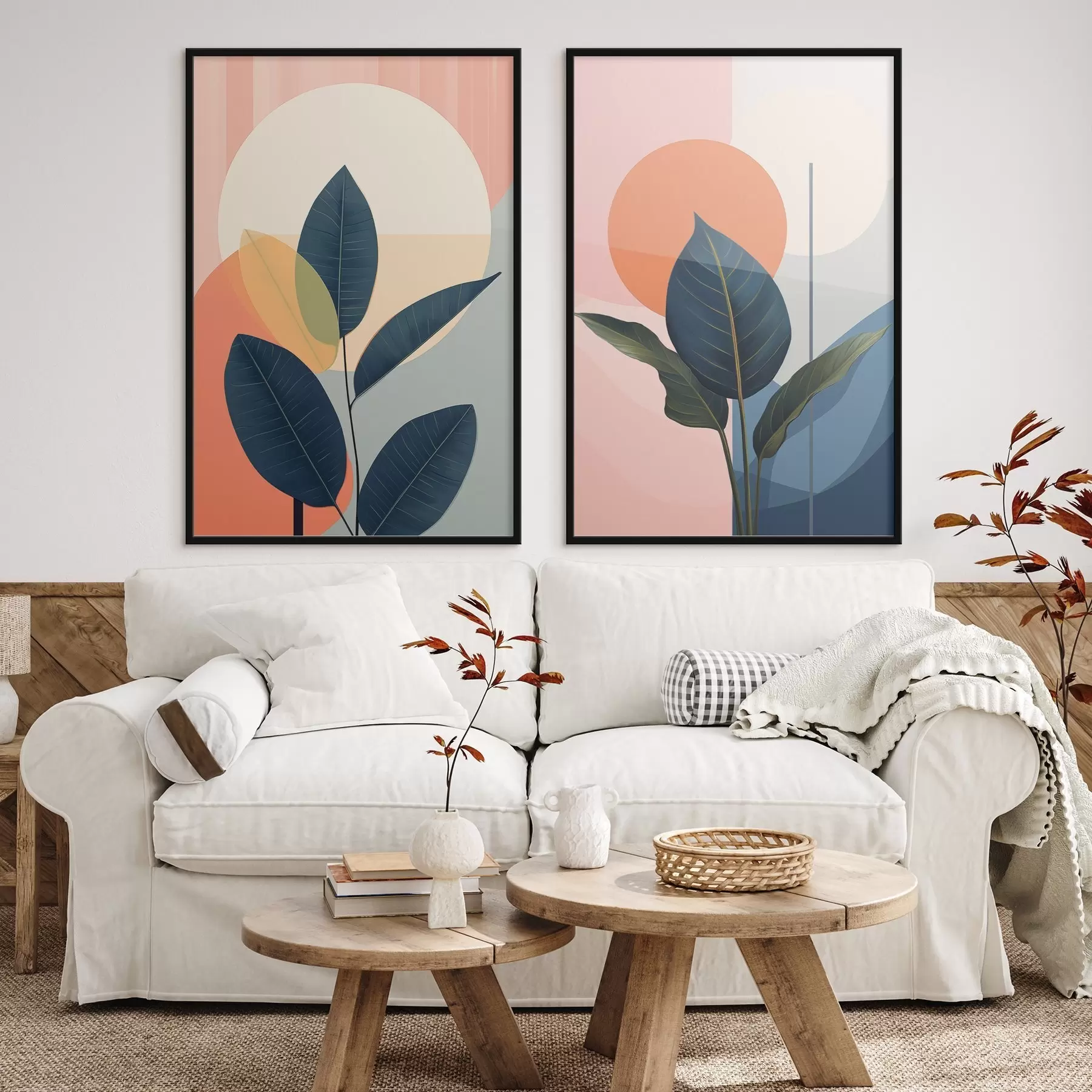 Fototapeta Ciemne liście na tle abstrakcyjnych kształtów w kolorze brzoskwiniowym i szarym z dużym, jasnożółtym okręgiem d01238