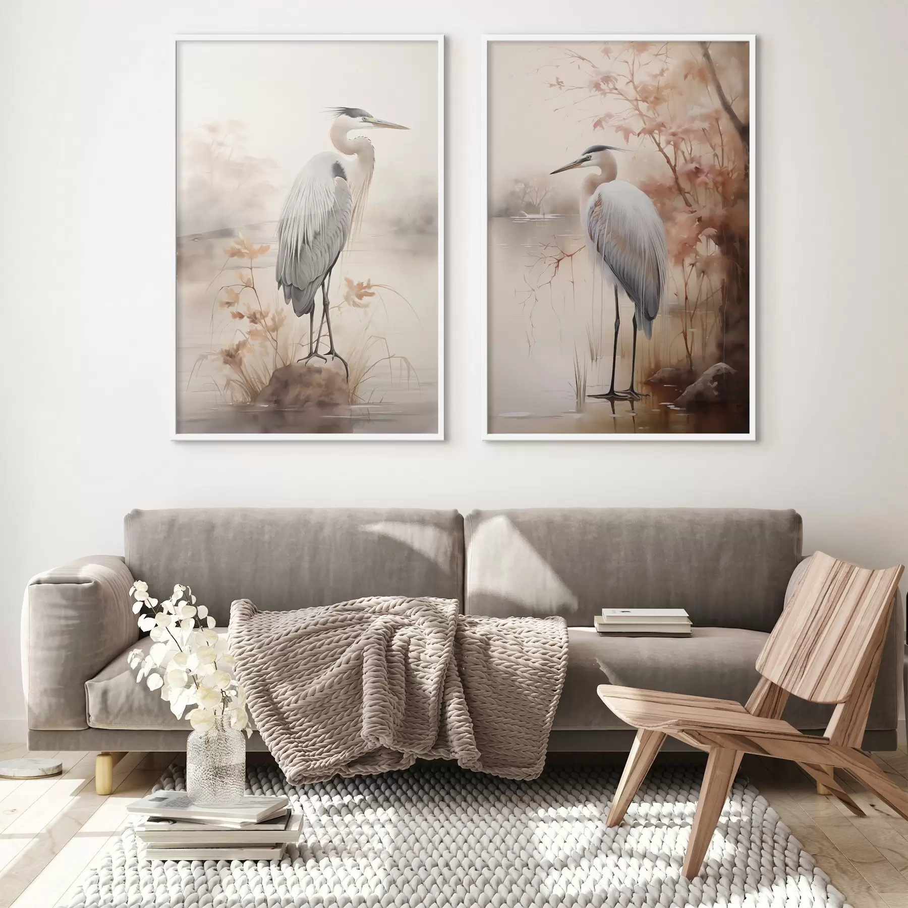 Fototapeta Czapla stoi na skale w jeziorze, a w tle widać wysokie trawy i drzewa. d01239