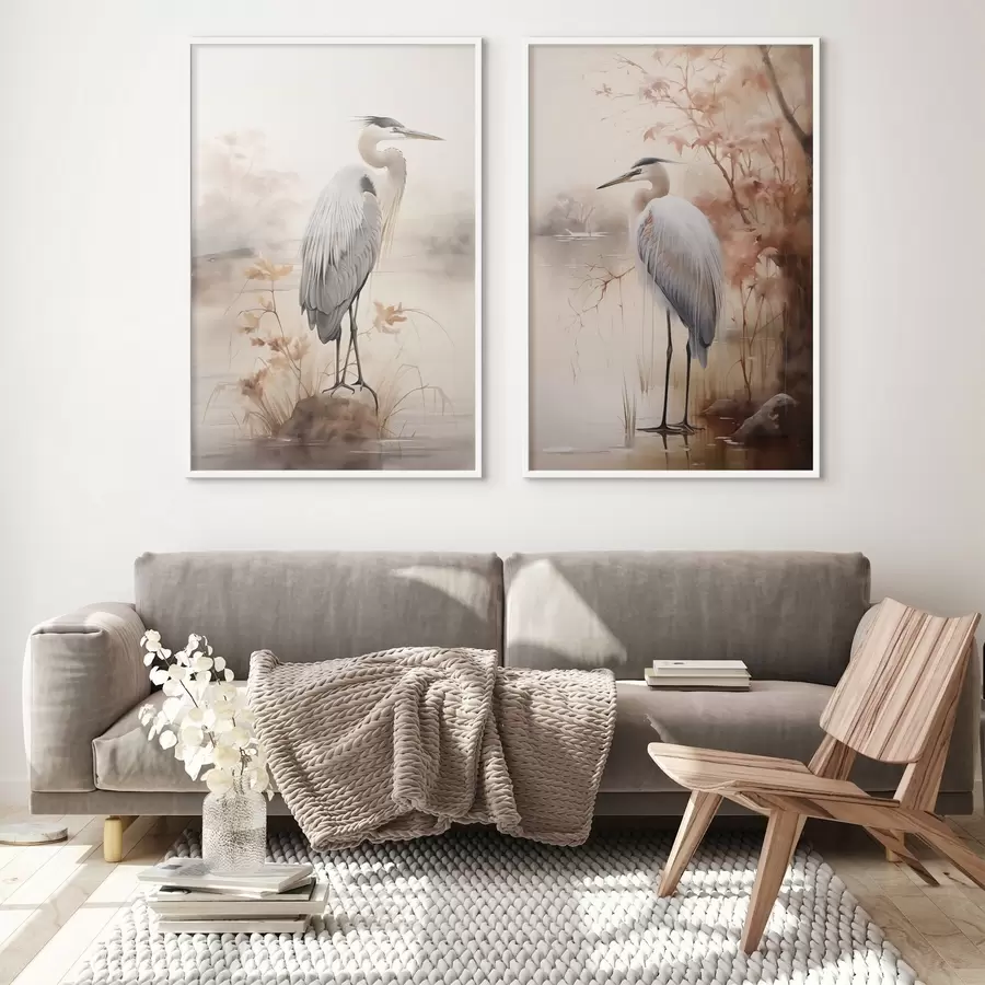 Fototapeta Czapla stoi na skale w jeziorze, a w tle widać wysokie trawy i drzewa. d01239