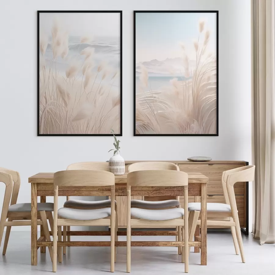 Fototapeta Wysoka, pierzasta trawa pampasowa w delikatnych odcieniach beżu na pierwszym planie, z piaszczystą plażą w tle. d01242