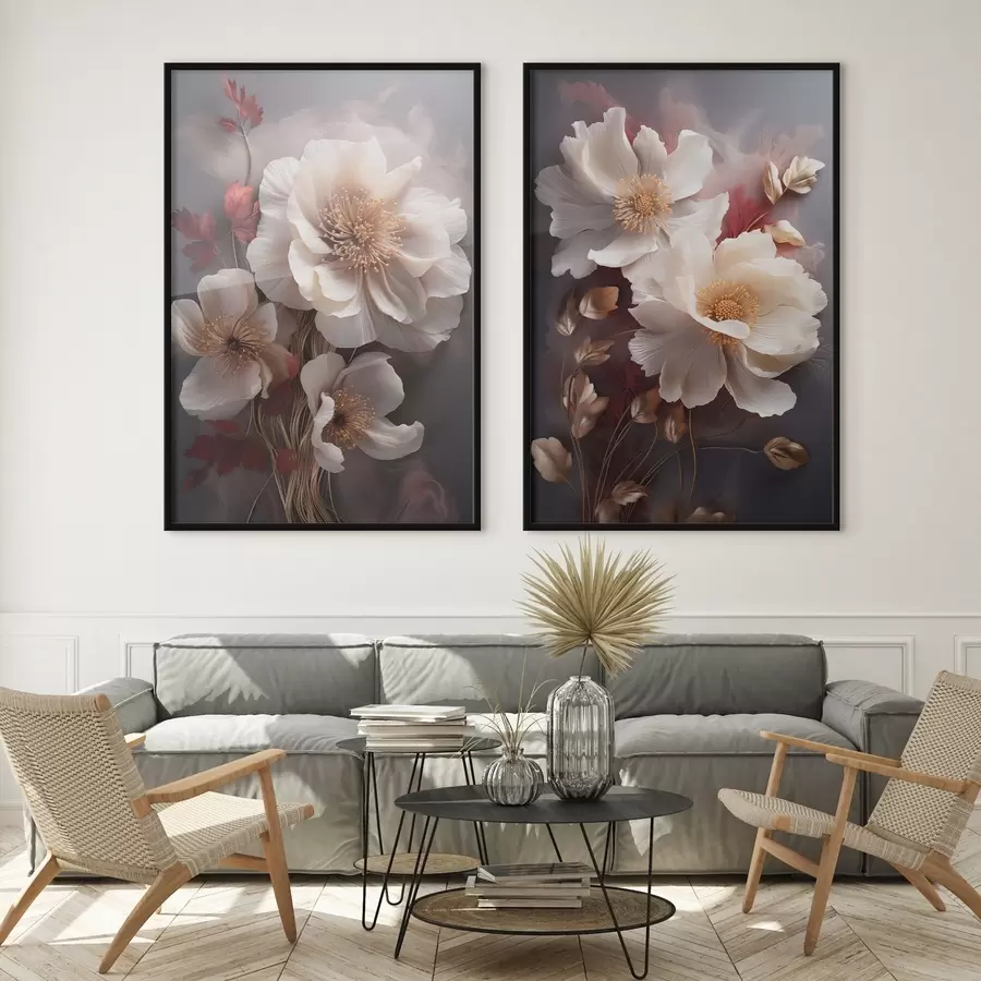 Fototapeta Delikatne piwonie o cienkich, delikatnych płatkach, otoczone ciemnoczerwonymi i żółtymi liśćmi na abstrakcyjnym tle. d01243